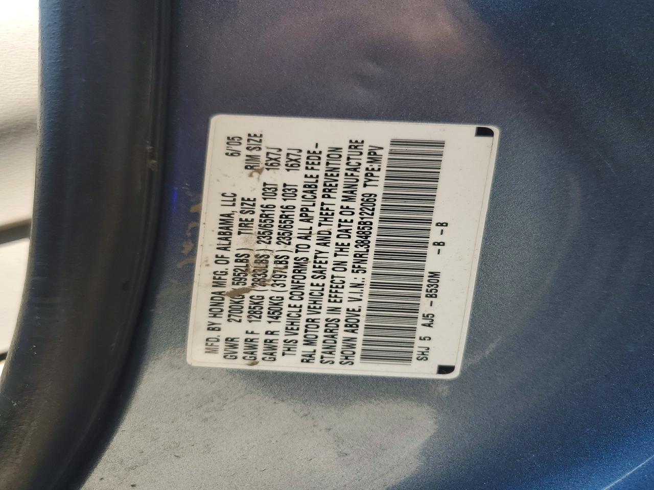 2005 Honda Odyssey Ex Blue vin: 5FNRL38485B122069