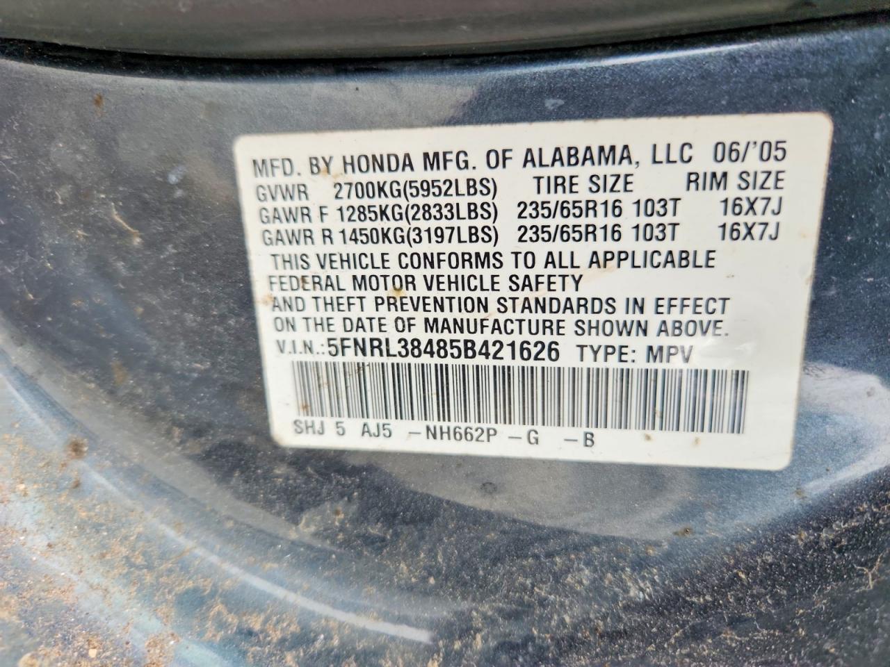 2005 Honda Odyssey Ex Teal vin: 5FNRL38485B421626