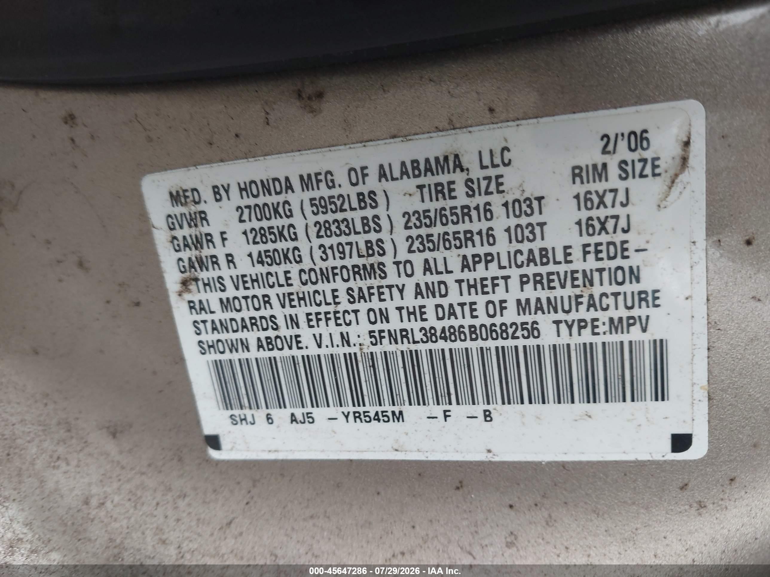 2006 Honda Odyssey Ex Gold vin: 5FNRL38486B068256