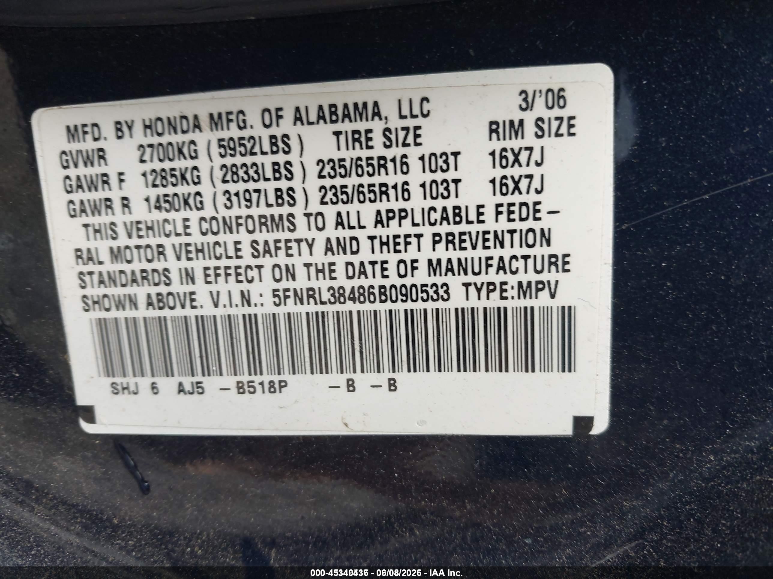 2006 Honda Odyssey Ex Dark Blue vin: 5FNRL38486B090533