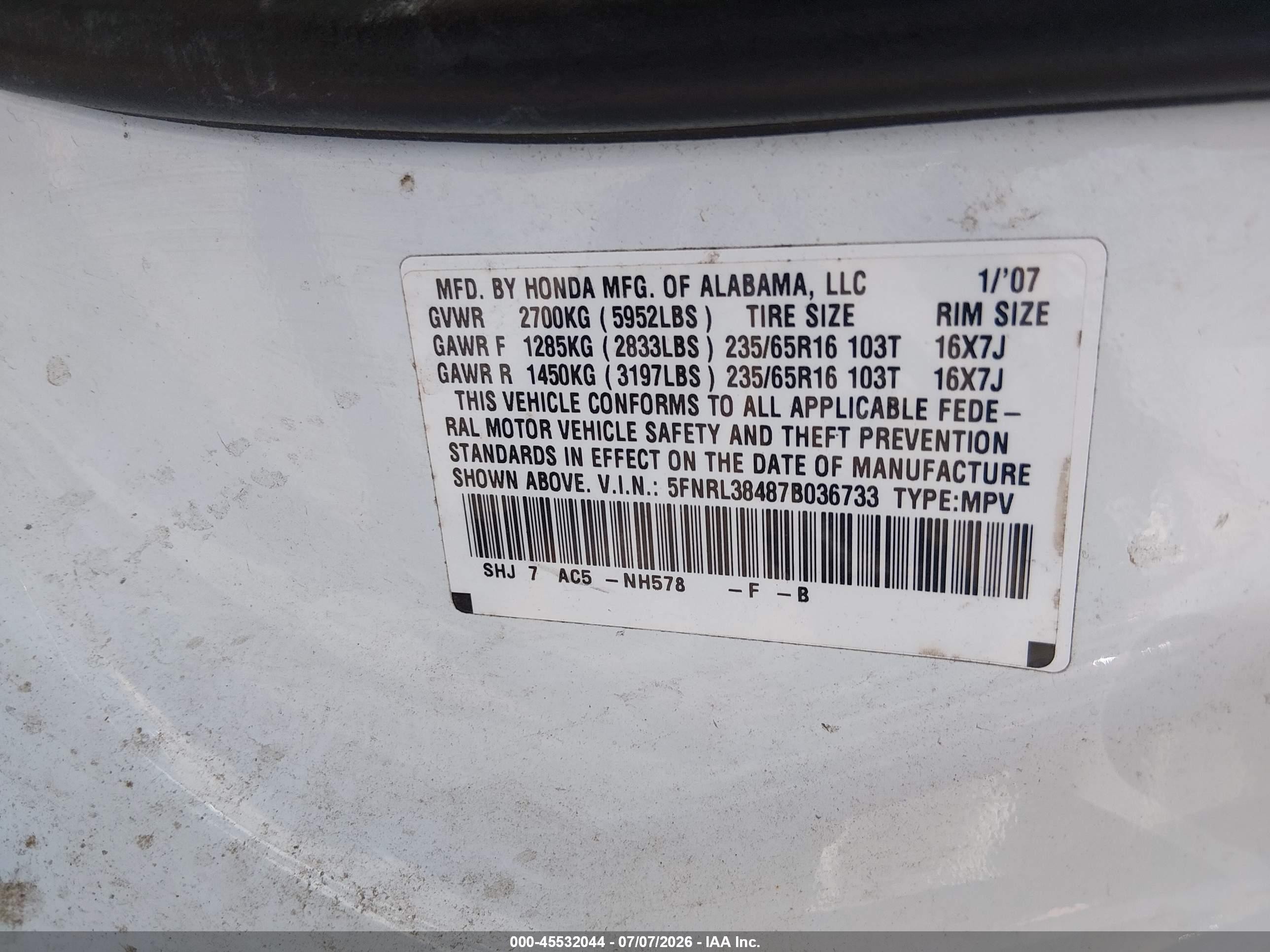 2007 Honda Odyssey Ex White vin: 5FNRL38487B036733