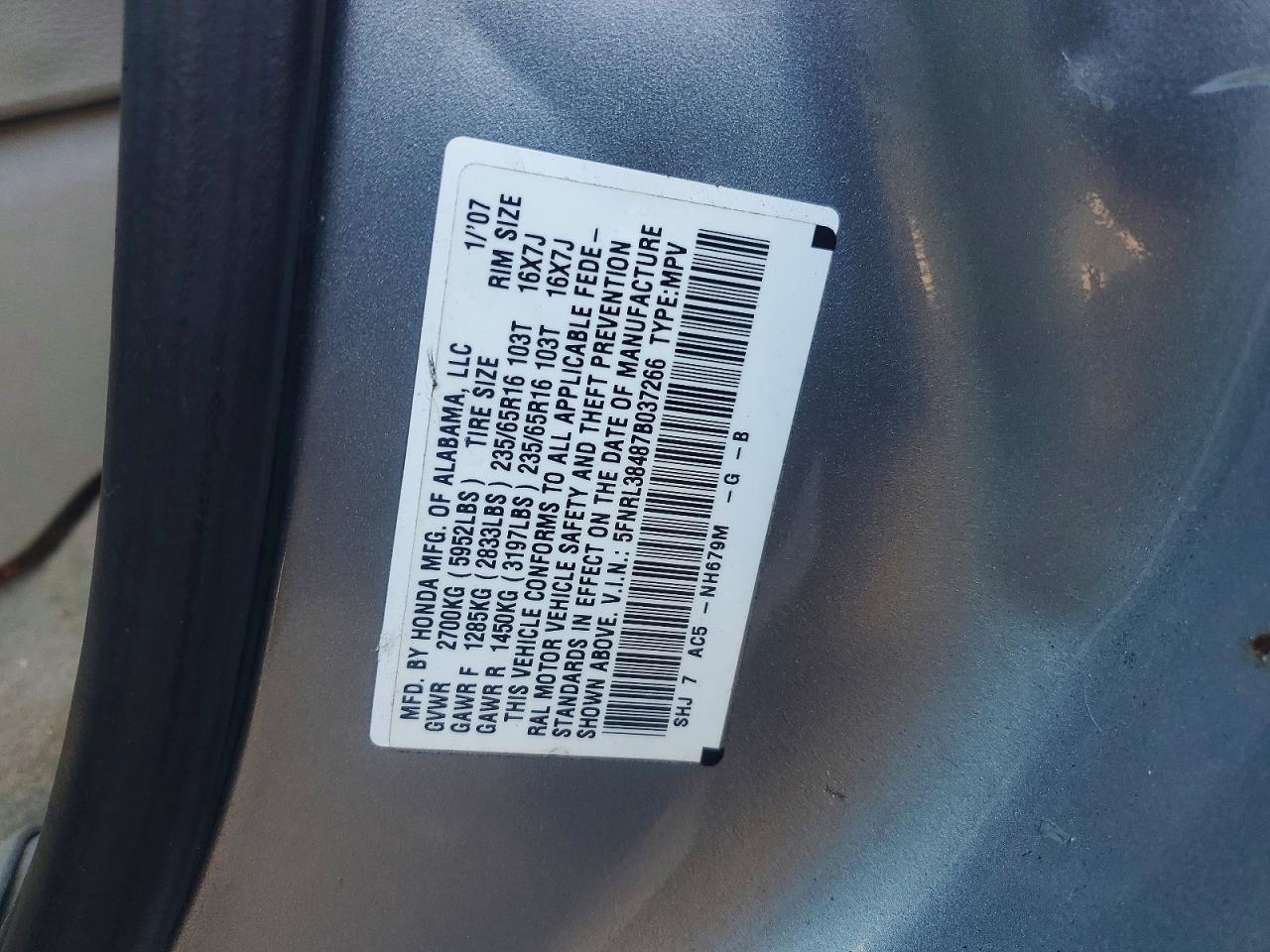 2007 Honda Odyssey Ex Gray vin: 5FNRL38487B037266