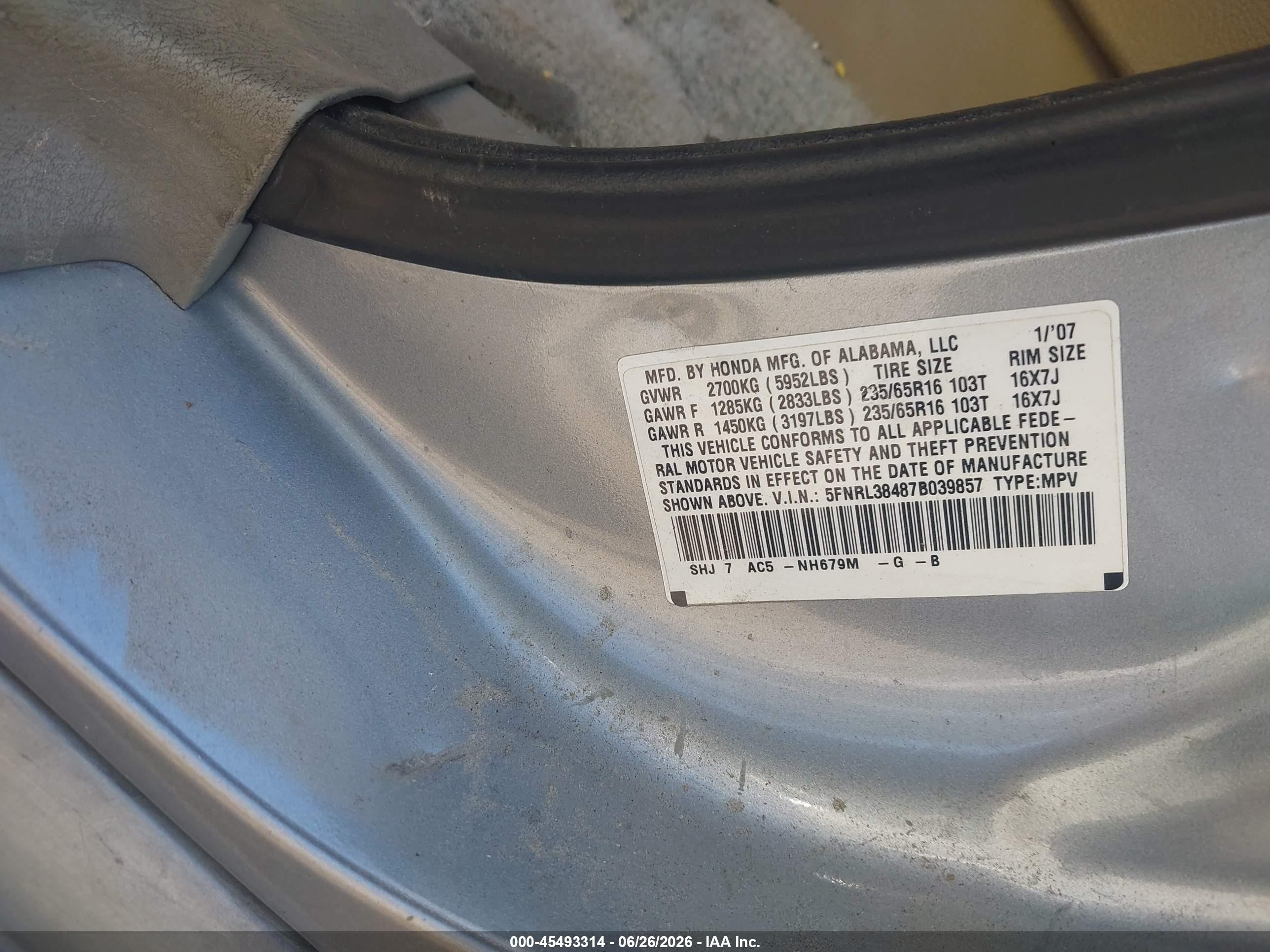 2007 Honda Odyssey Ex Silver vin: 5FNRL38487B039857