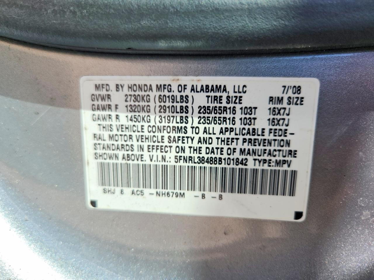 2008 Honda Odyssey Ex Silver vin: 5FNRL38488B101842