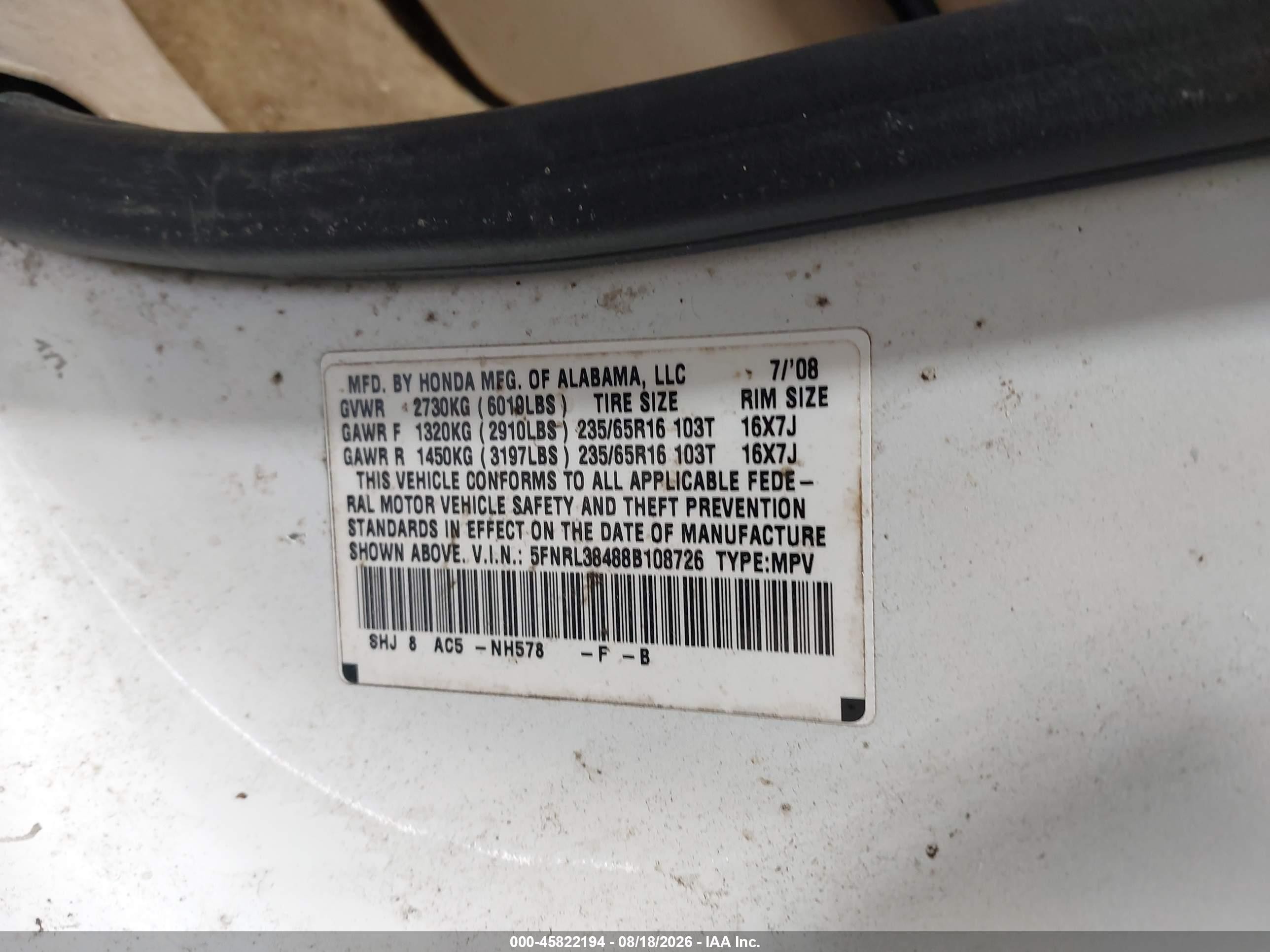 2008 Honda Odyssey Ex Белый vin: 5FNRL38488B108726