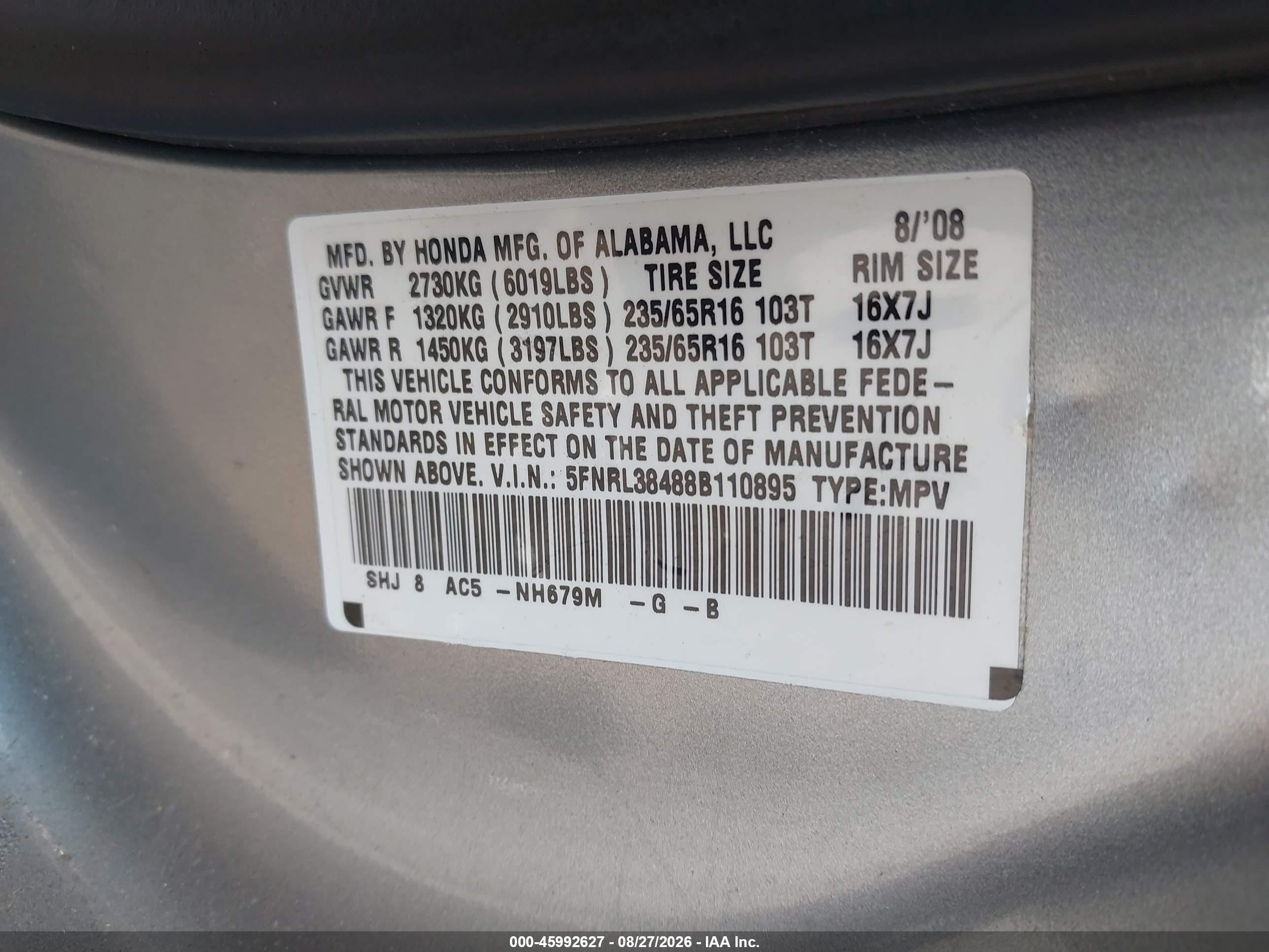 2008 Honda Odyssey Ex Silver vin: 5FNRL38488B110895