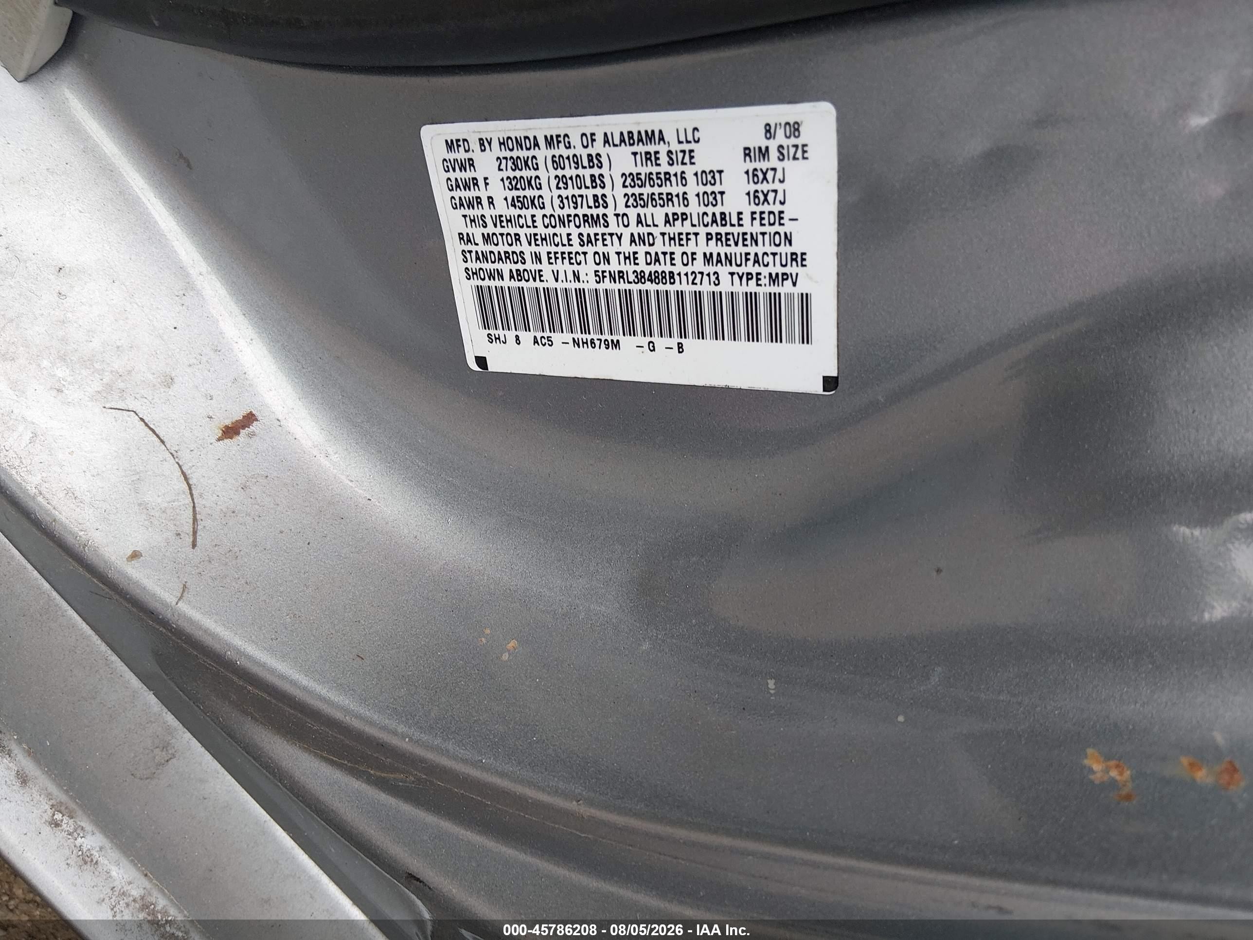 2008 Honda Odyssey Ex Silver vin: 5FNRL38488B112713