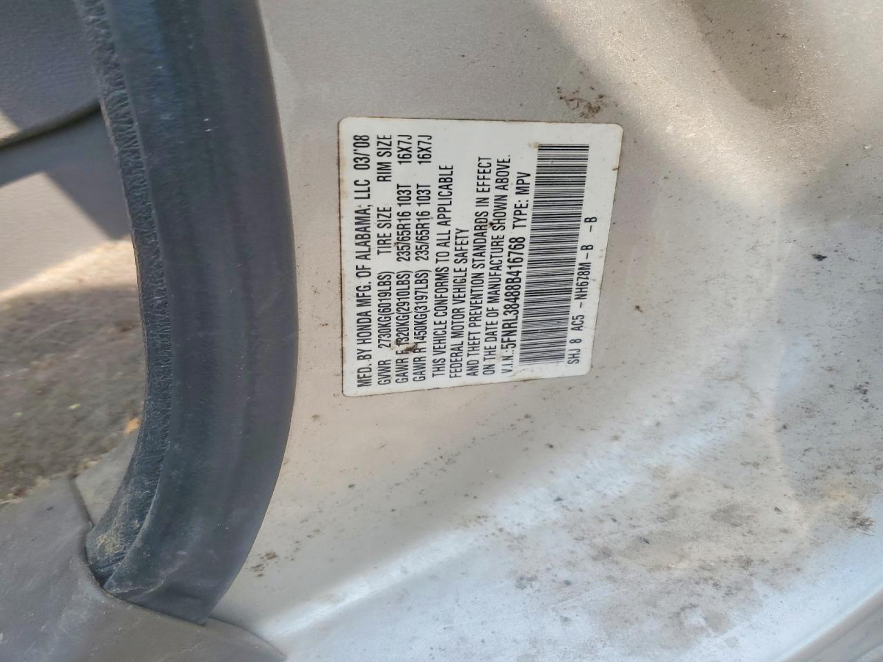2008 Honda Odyssey Ex Silver vin: 5FNRL38488B416768