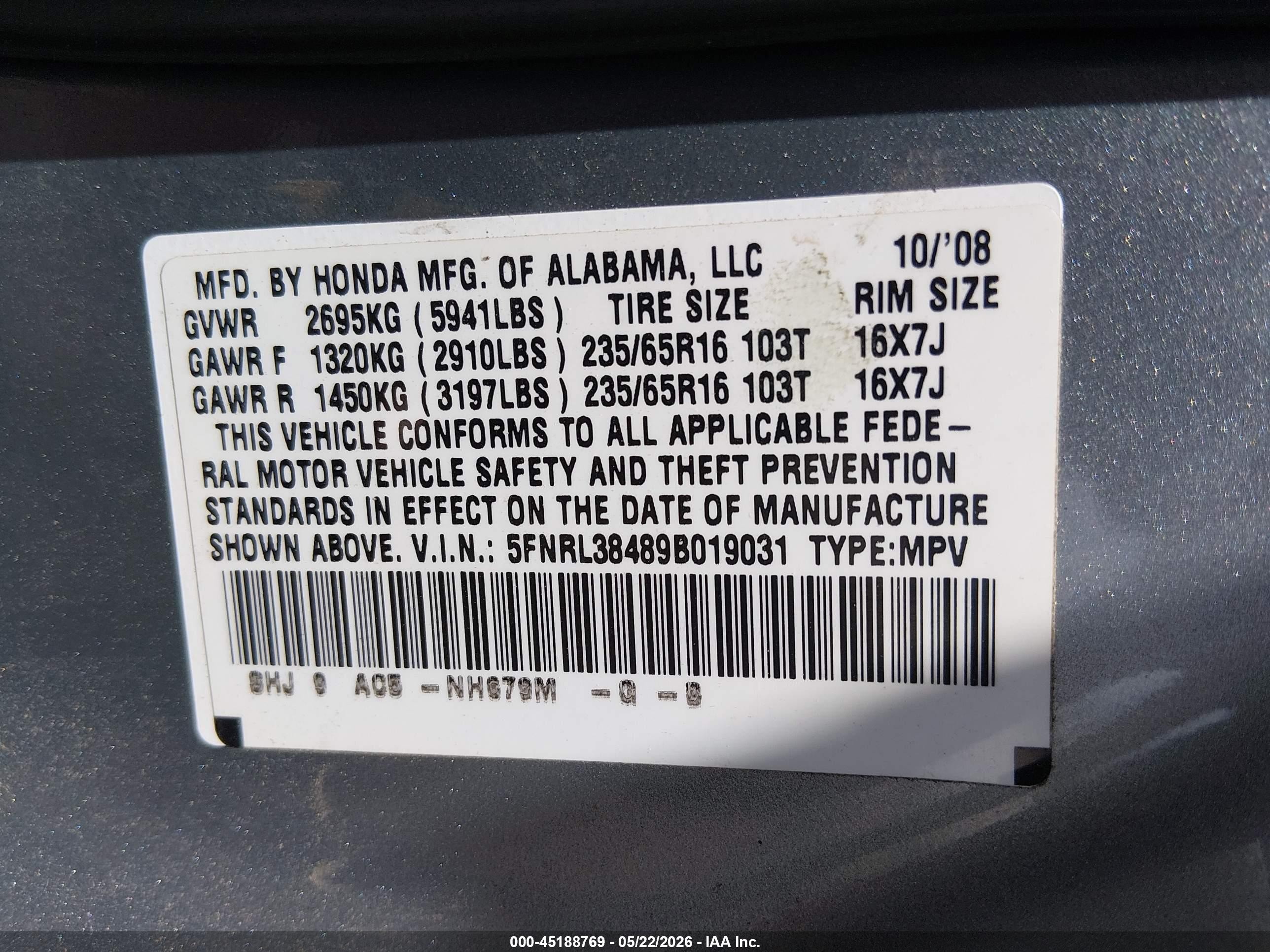 2009 Honda Odyssey Ex Silver vin: 5FNRL38489B019031