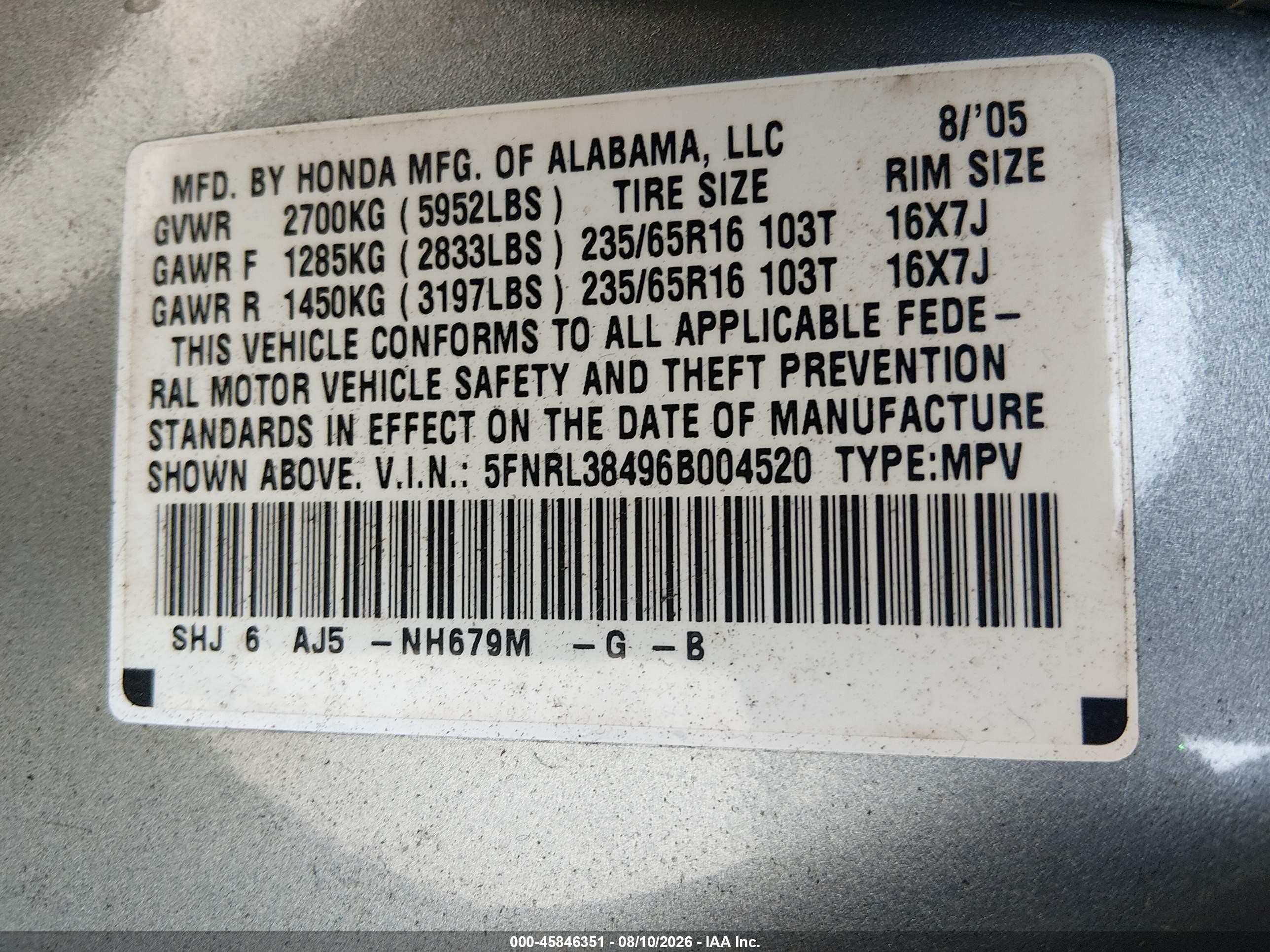 2006 Honda Odyssey Ex Blue vin: 5FNRL38496B004520