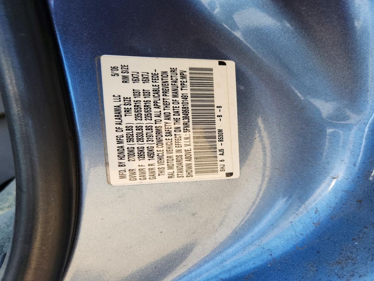 2006 Honda Odyssey Ex Blue vin: 5FNRL38496B101491