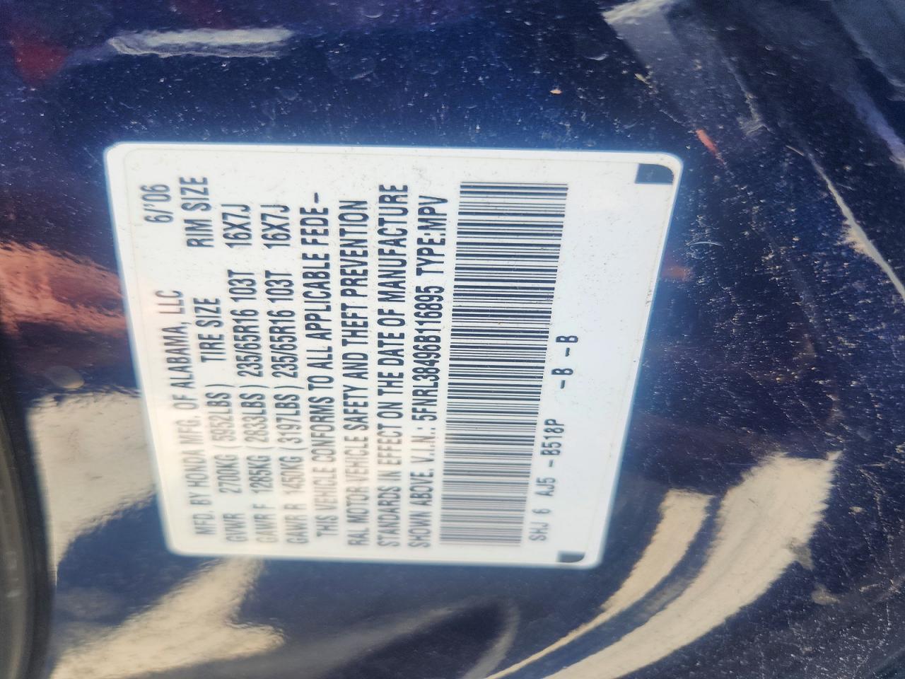 2006 Honda Odyssey Ex Blue vin: 5FNRL38496B116895