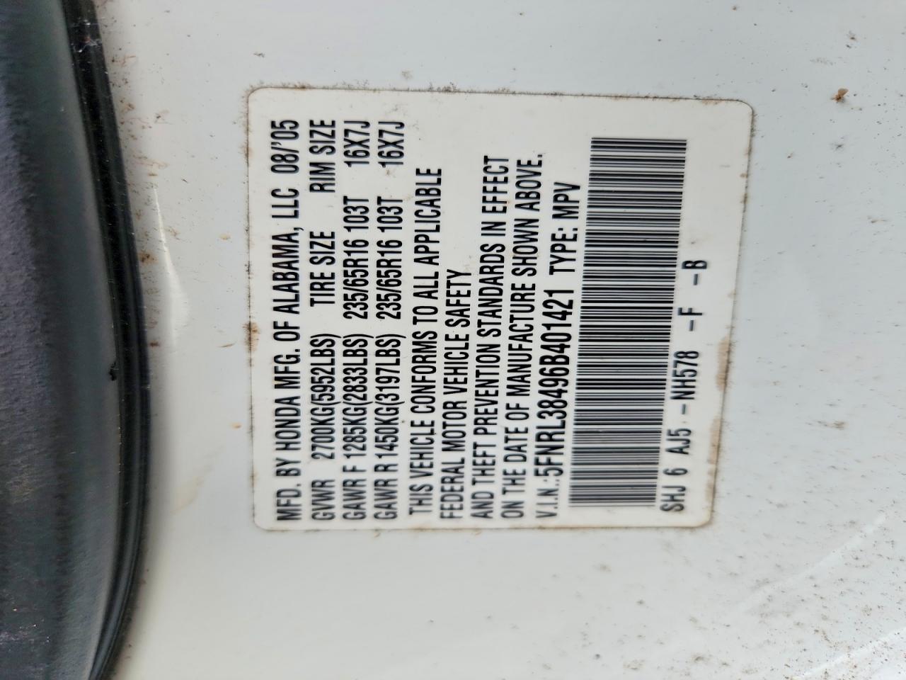 2006 Honda Odyssey Ex White vin: 5FNRL38496B401421