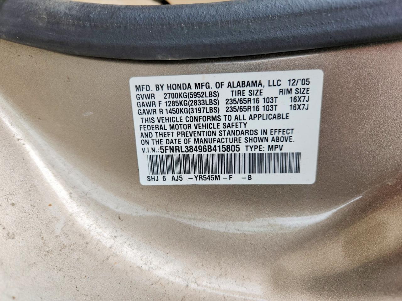 2006 Honda Odyssey Ex Gold vin: 5FNRL38496B415805