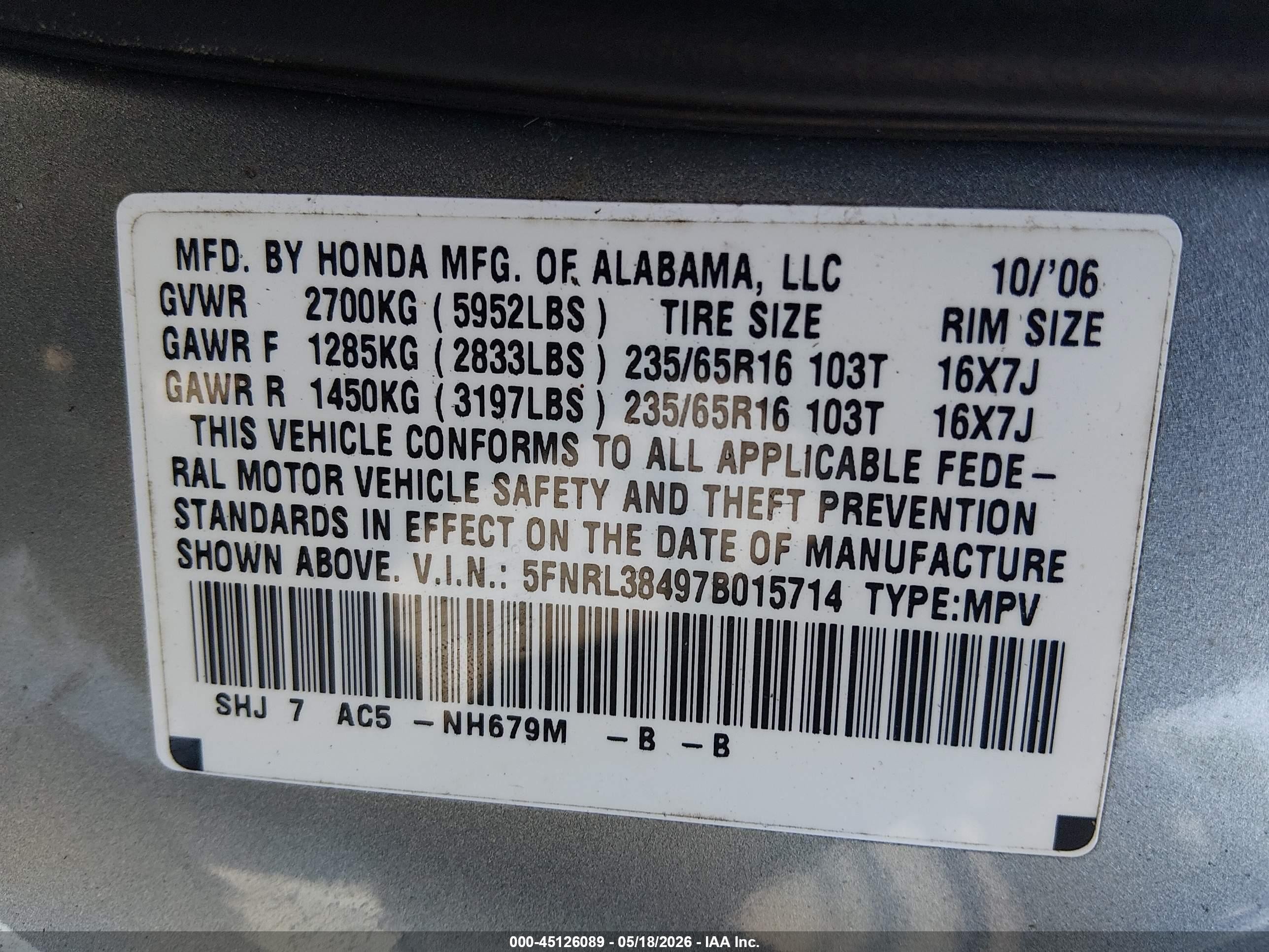 2007 Honda Odyssey Ex Silver vin: 5FNRL38497B015714