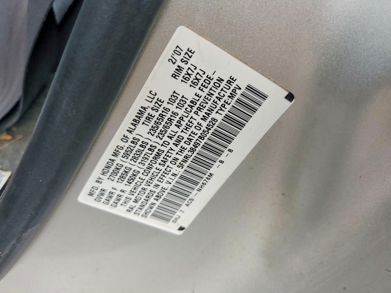2007 Honda Odyssey Ex Silver vin: 5FNRL38497B054528