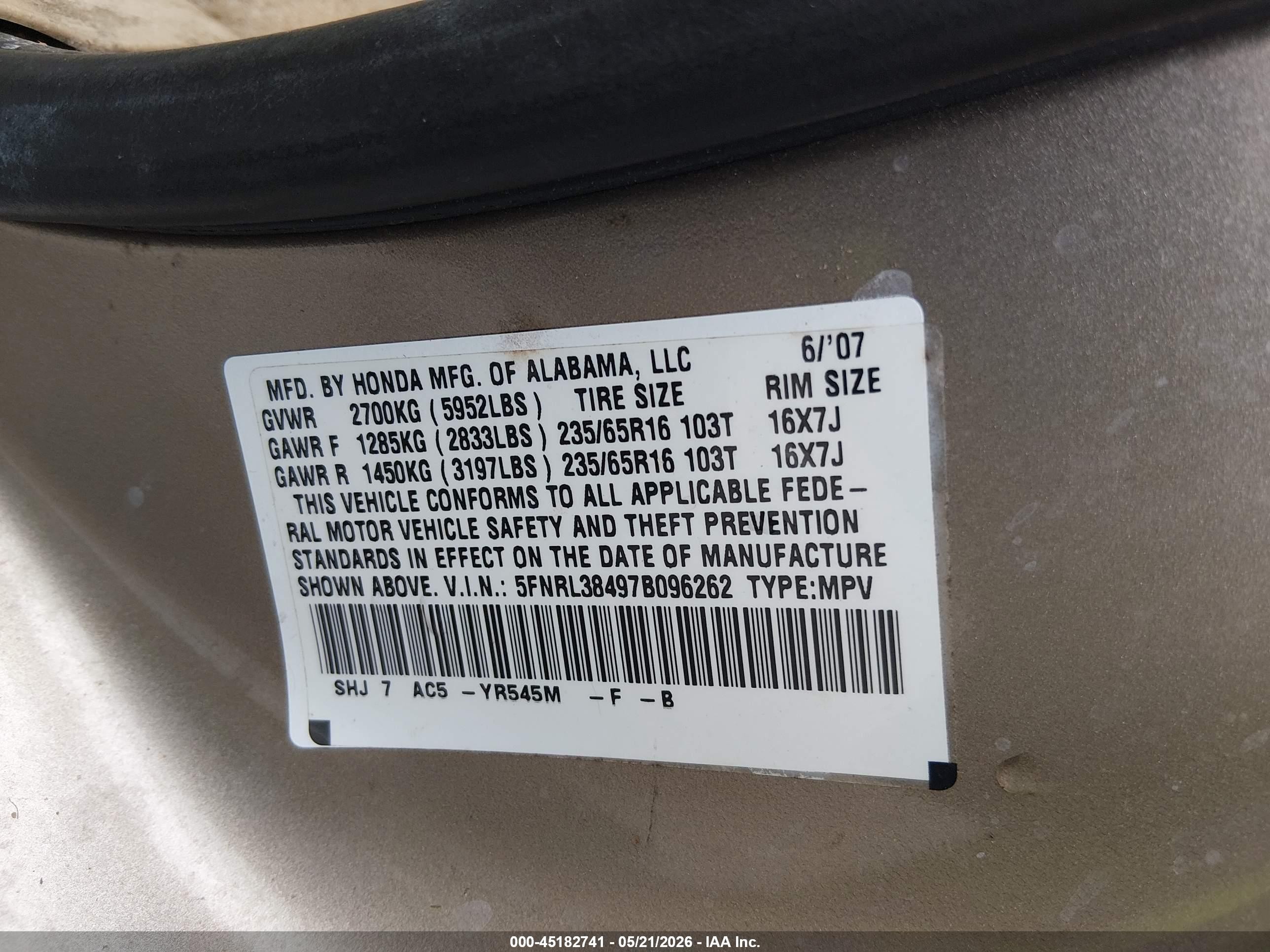 2007 Honda Odyssey Ex Gold vin: 5FNRL38497B096262