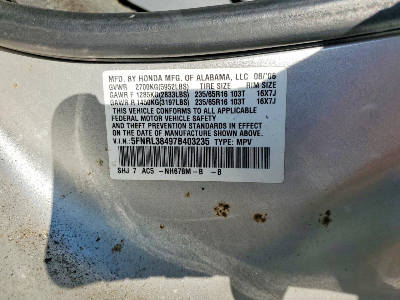 2007 Honda Odyssey Ex Silver vin: 5FNRL38497B403235