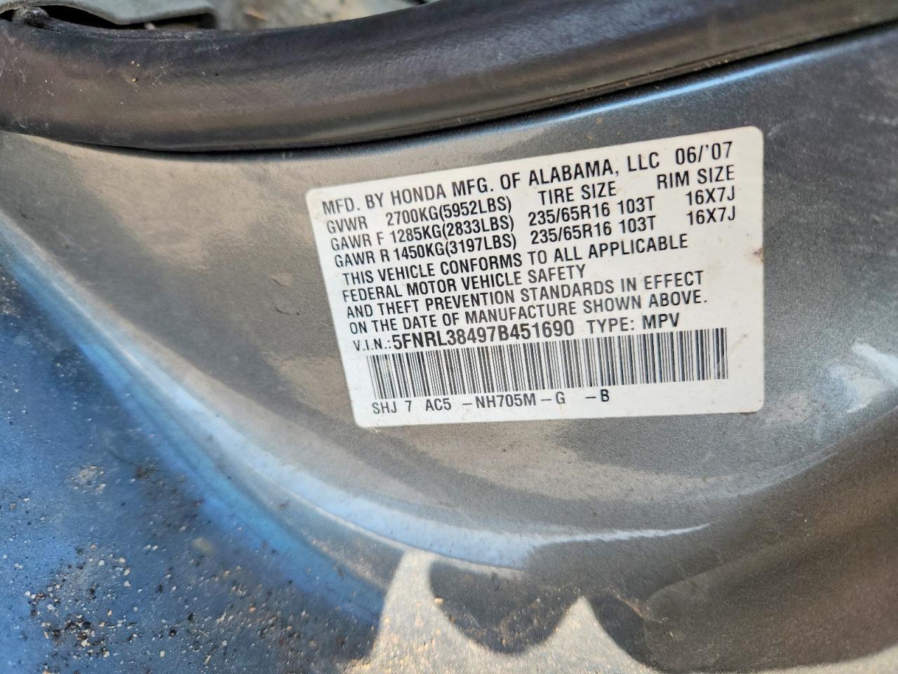 2007 Honda Odyssey Ex Gray vin: 5FNRL38497B451690