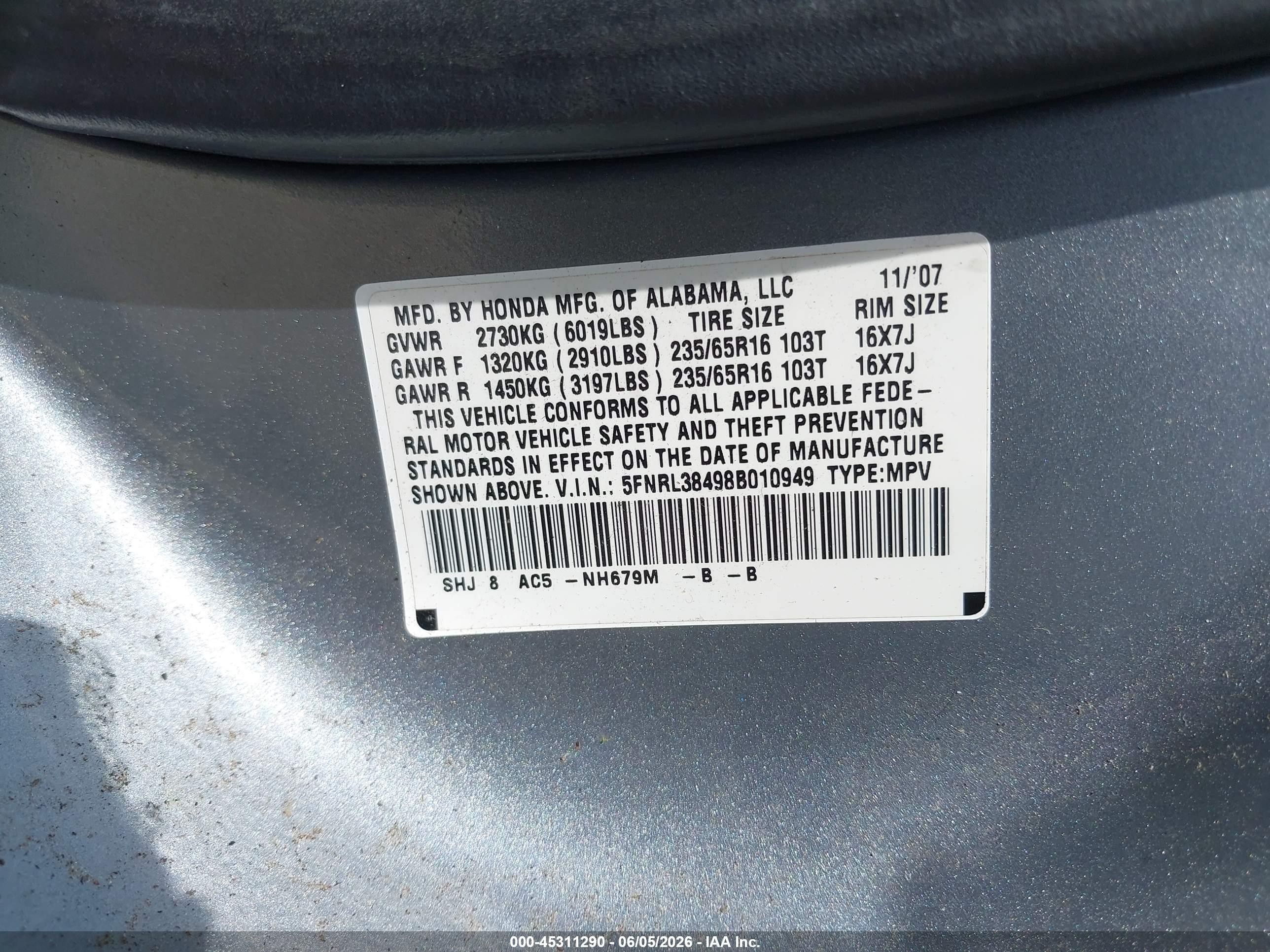 2008 Honda Odyssey Ex Silver vin: 5FNRL38498B010949