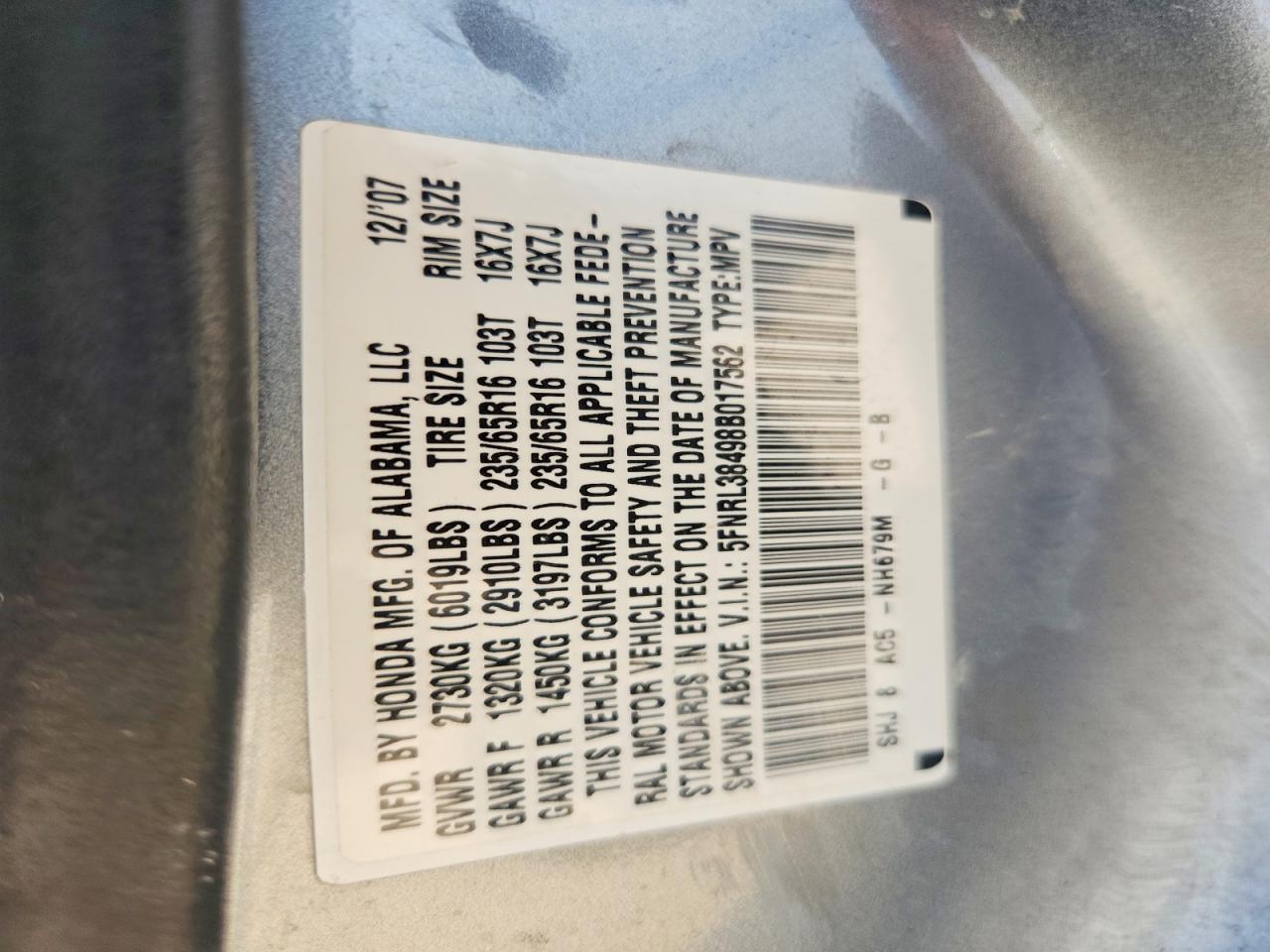 2008 Honda Odyssey Ex Blue vin: 5FNRL38498B017562