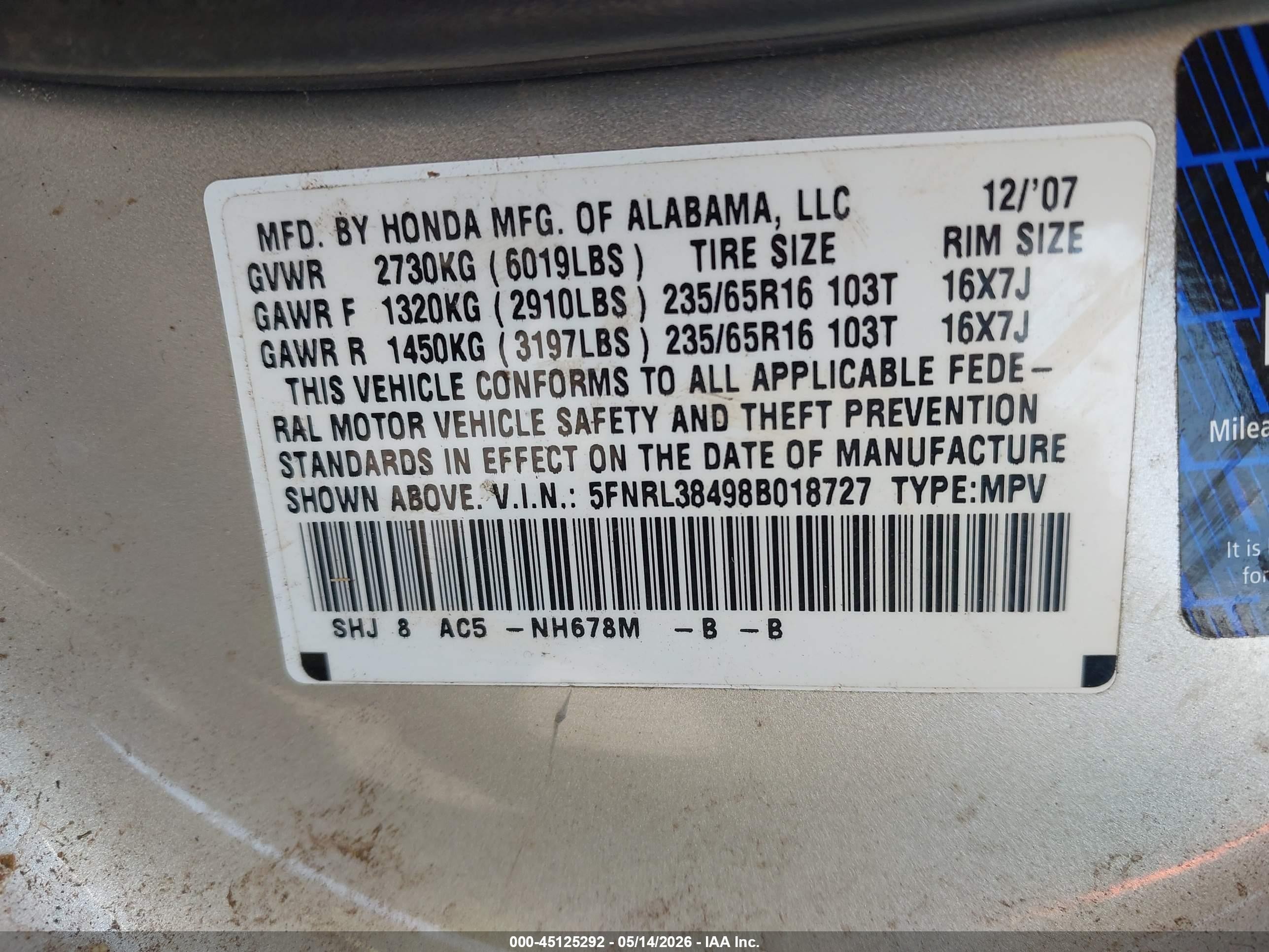2008 Honda Odyssey Ex Silver vin: 5FNRL38498B018727
