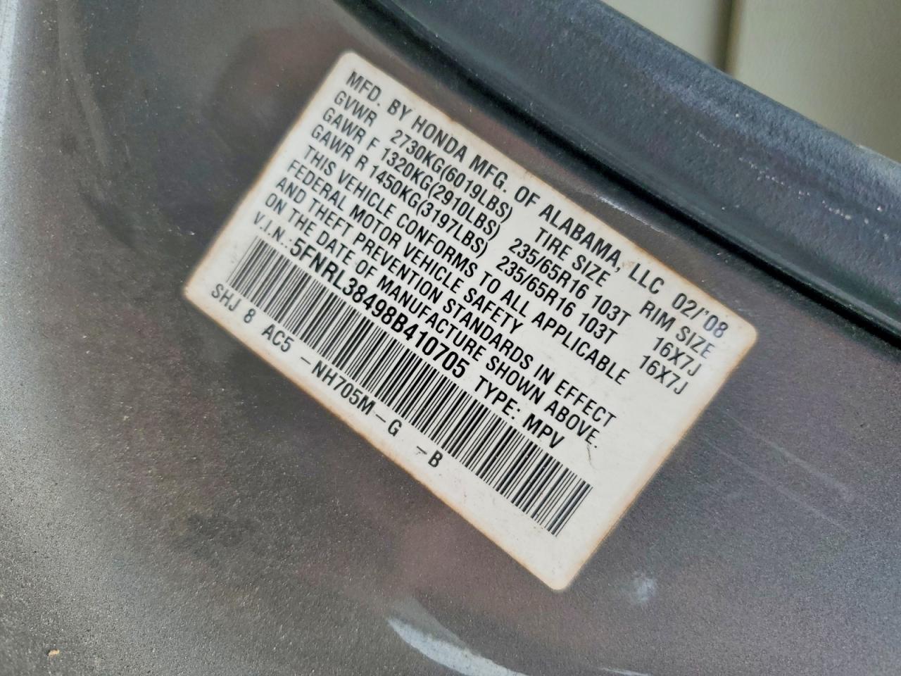 2008 Honda Odyssey Ex Gray vin: 5FNRL38498B410705