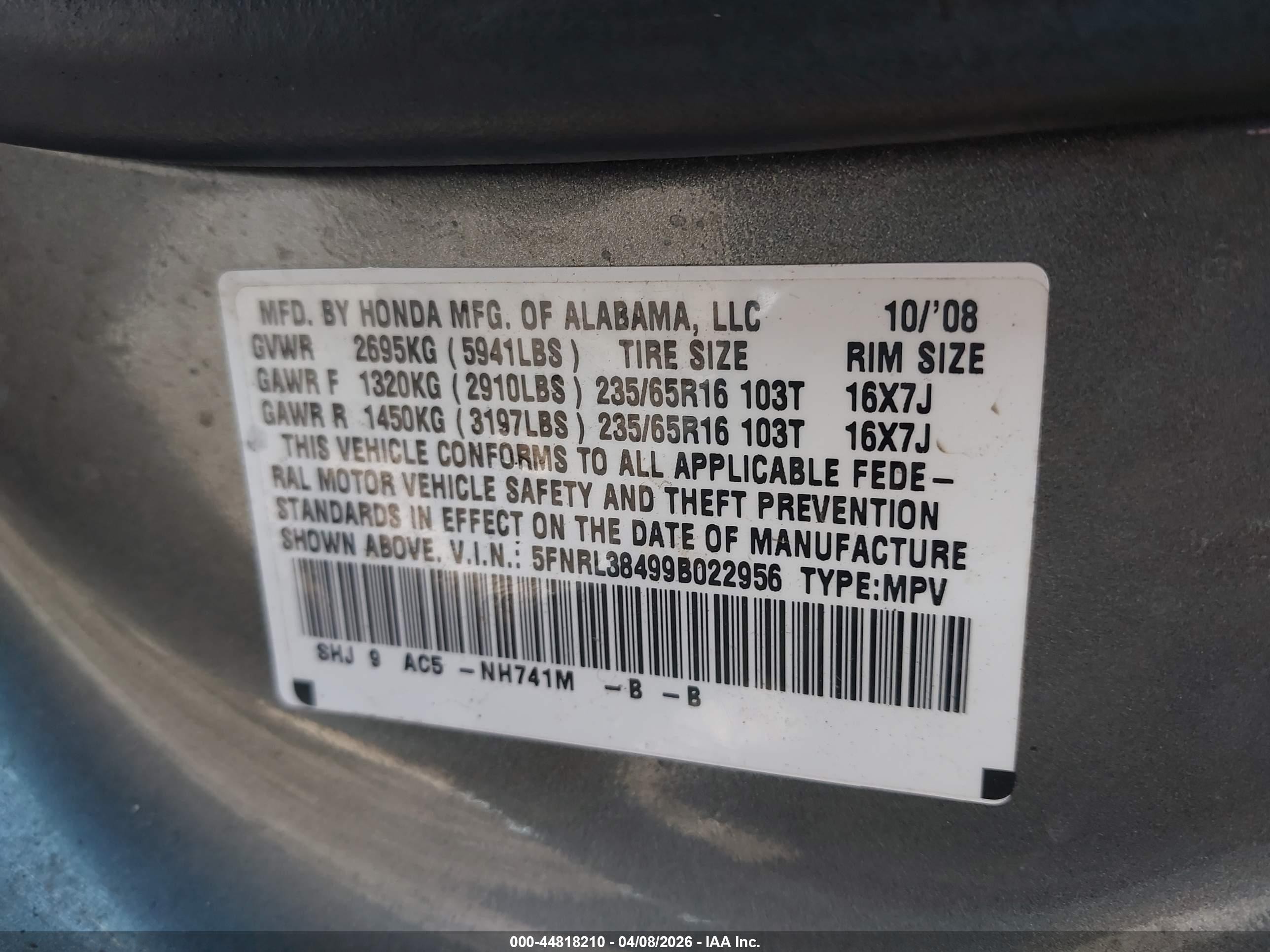2009 Honda Odyssey Ex Gray vin: 5FNRL38499B022956