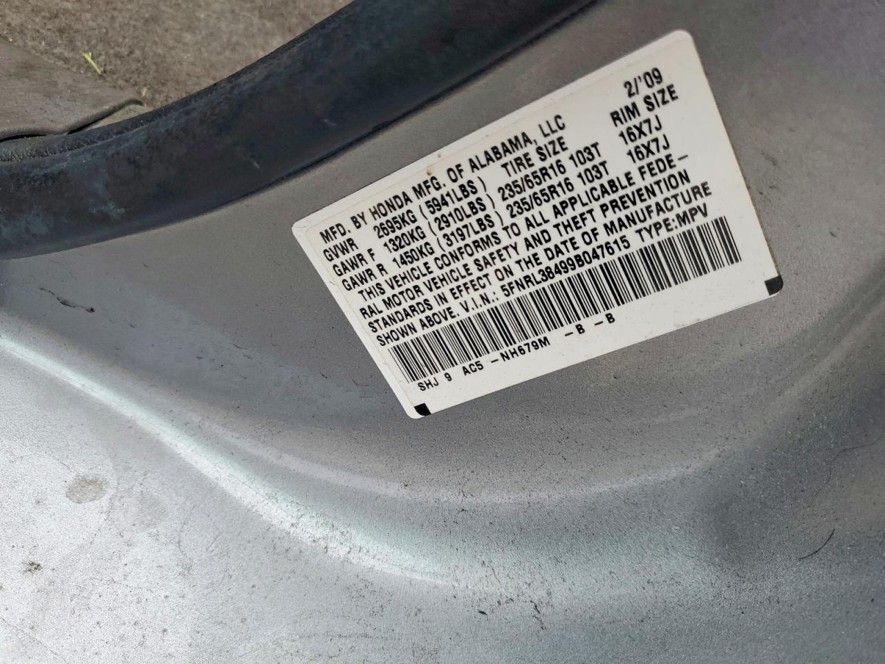 2009 Honda Odyssey Ex Silver vin: 5FNRL38499B047615