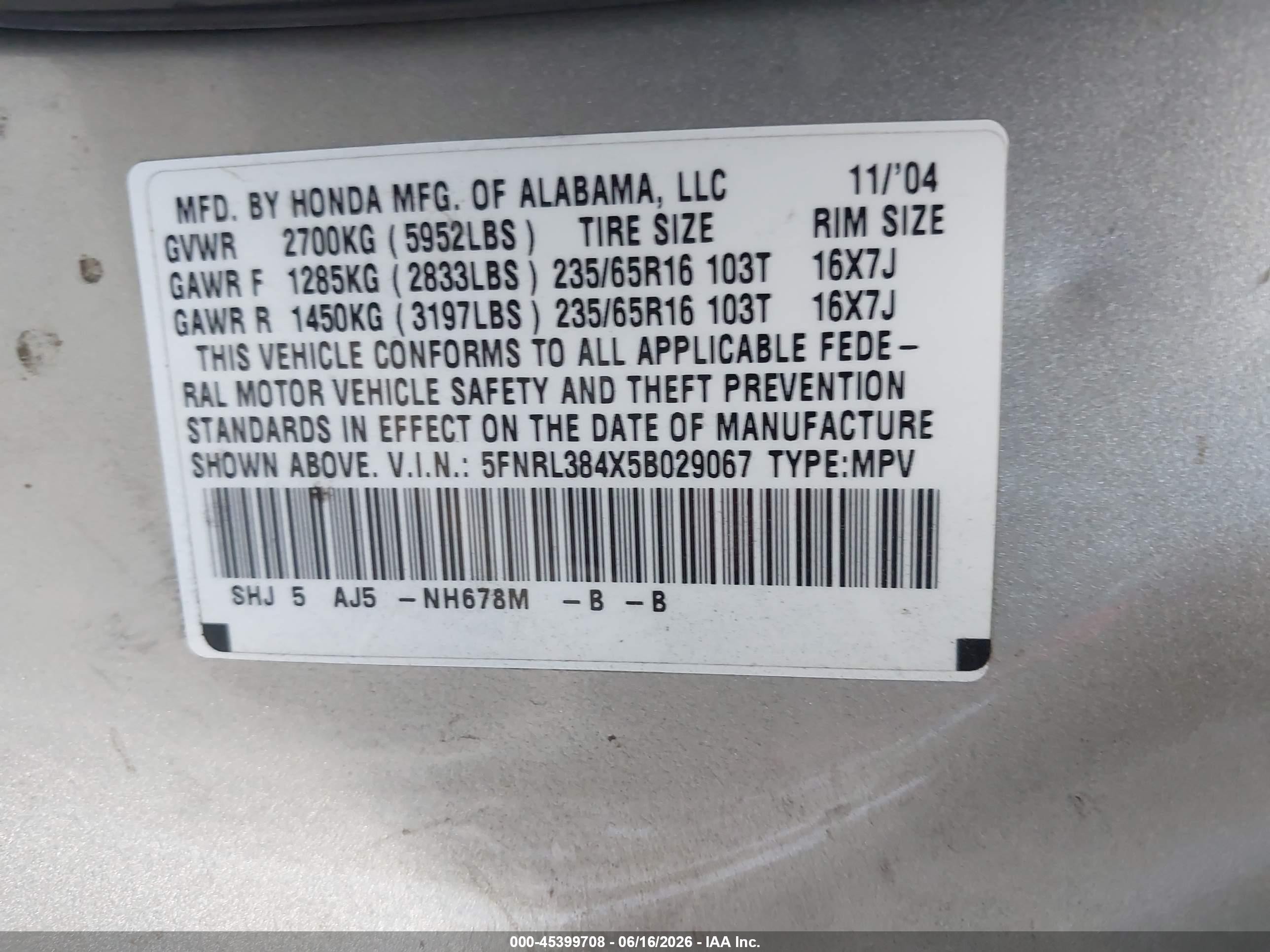 2005 Honda Odyssey Ex Серебряный vin: 5FNRL384X5B029067