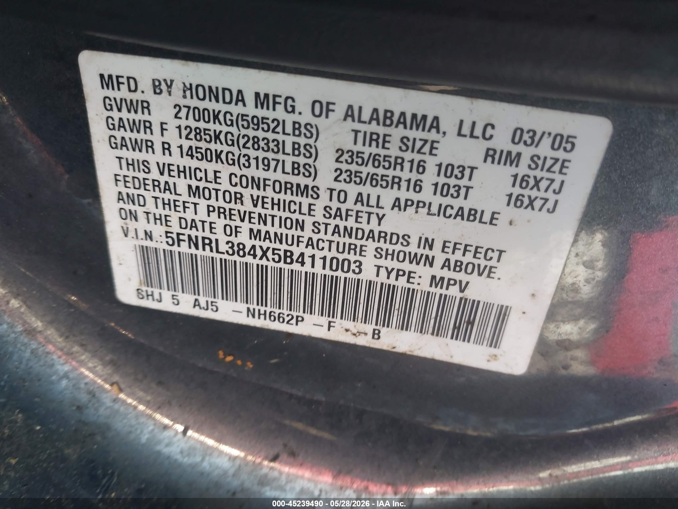 2005 Honda Odyssey Ex Gray vin: 5FNRL384X5B411003