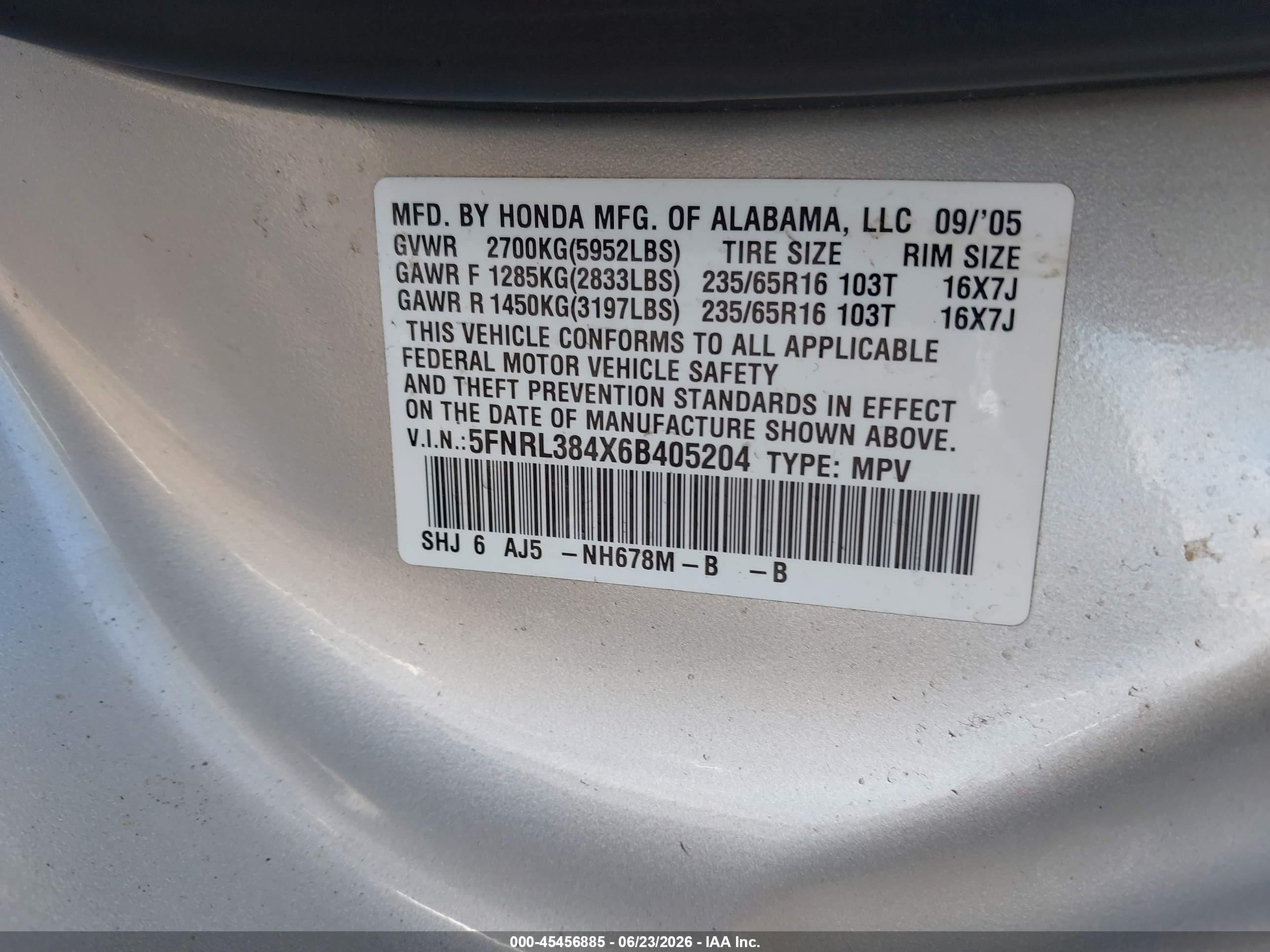 2006 Honda Odyssey Ex Silver vin: 5FNRL384X6B405204