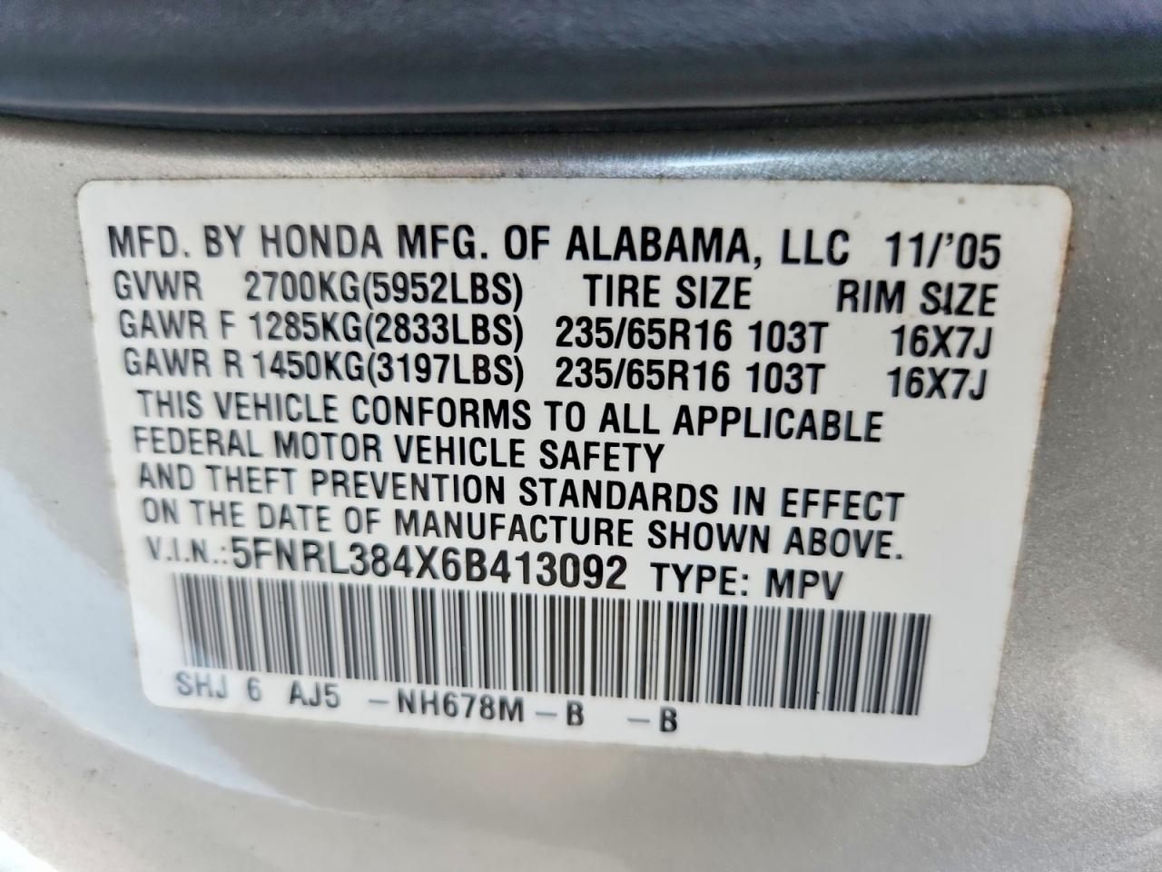 2006 Honda Odyssey Ex Silver vin: 5FNRL384X6B413092