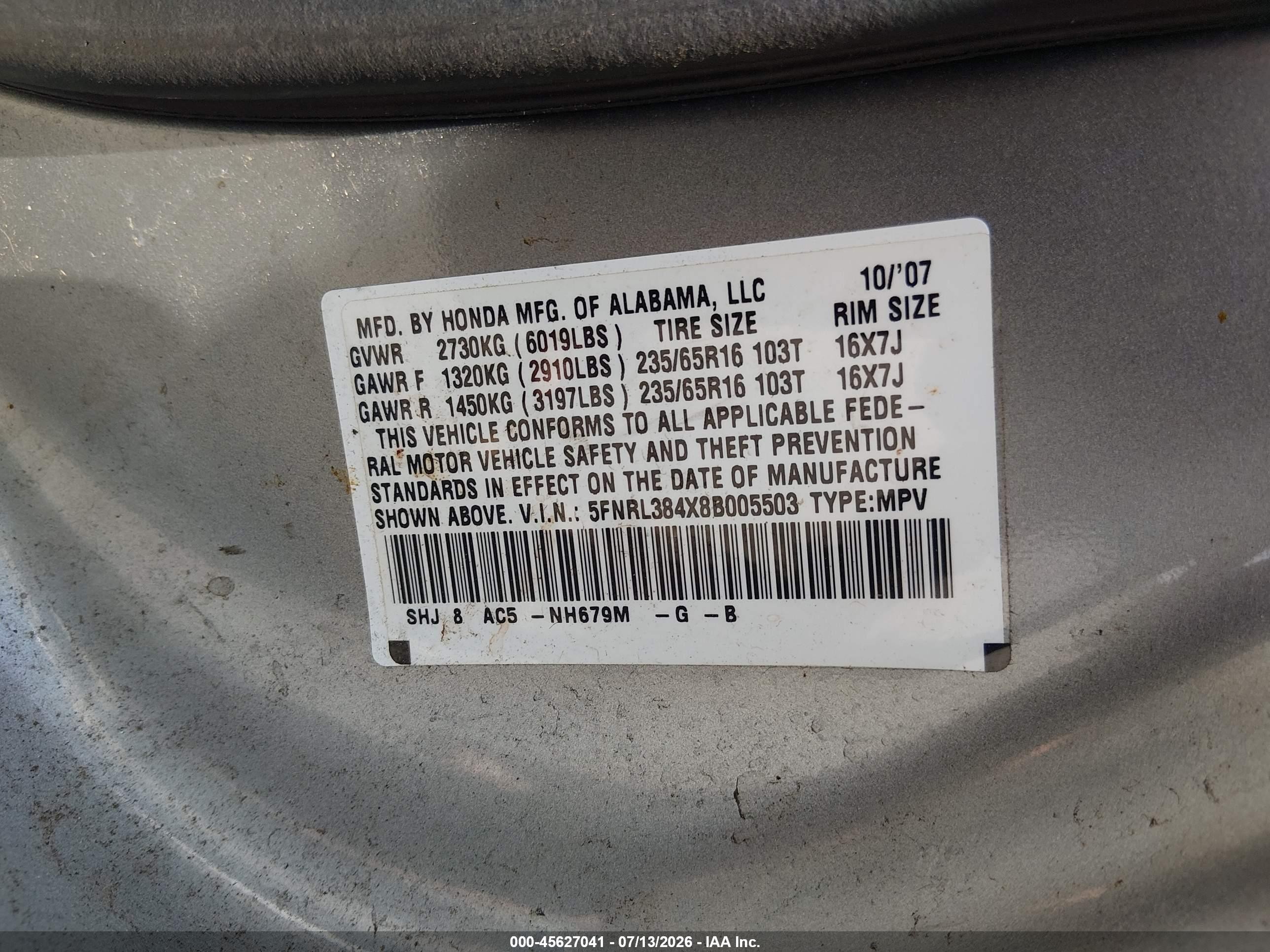 2008 Honda Odyssey Ex Blue vin: 5FNRL384X8B005503