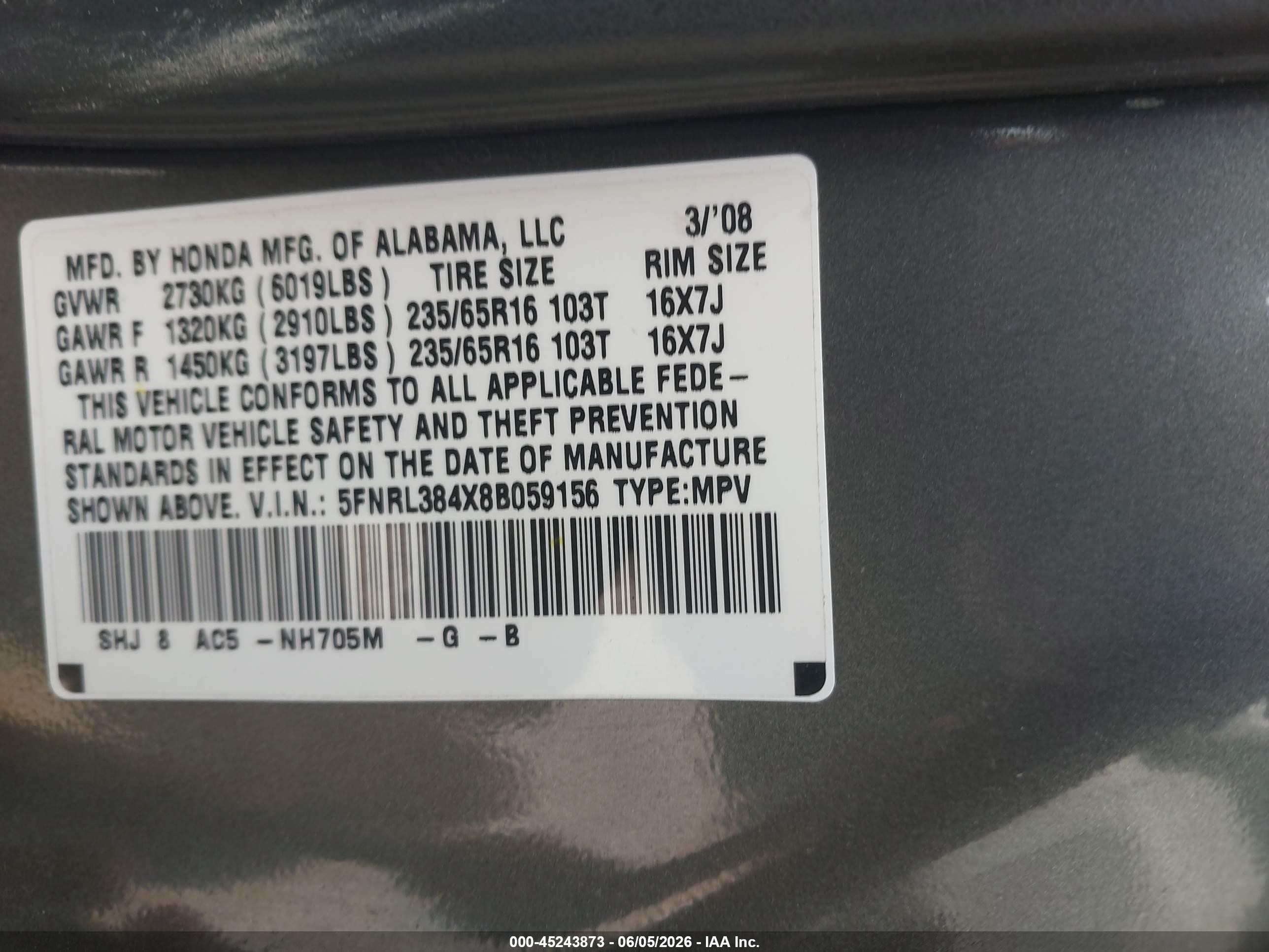 2008 Honda Odyssey Ex Gray vin: 5FNRL384X8B059156