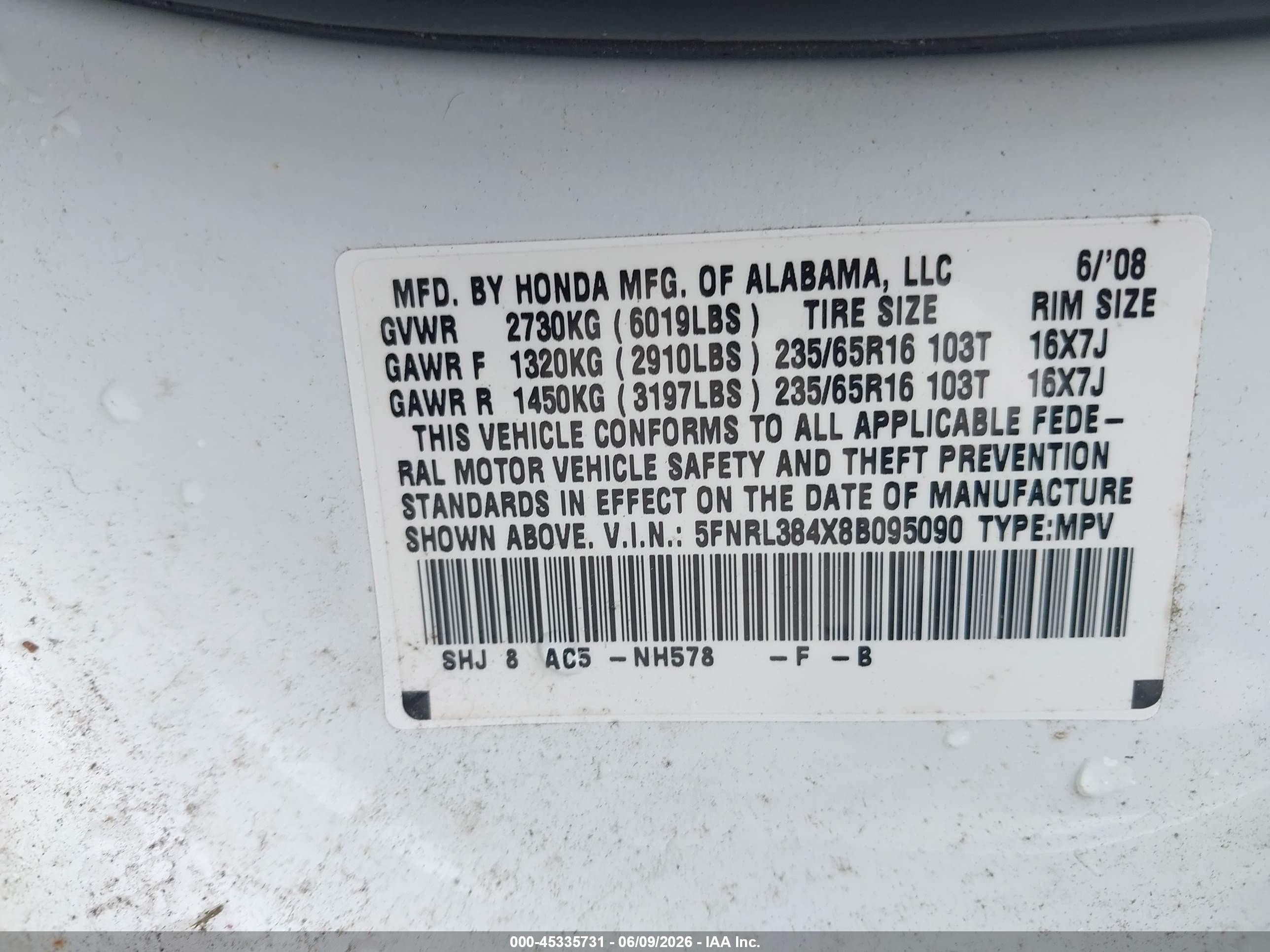 2008 Honda Odyssey Ex White vin: 5FNRL384X8B095090
