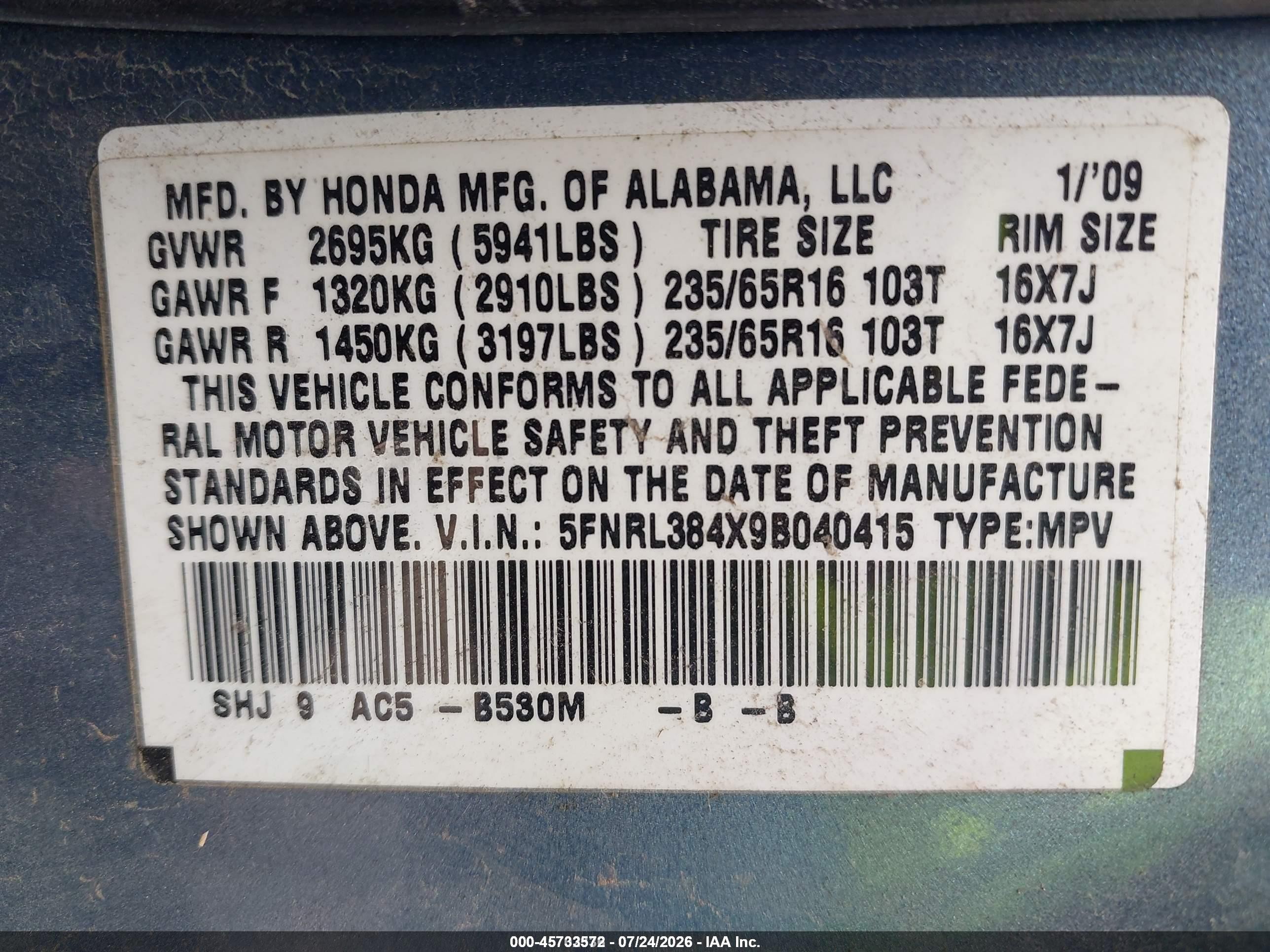 2009 Honda Odyssey Ex Blue vin: 5FNRL384X9B040415