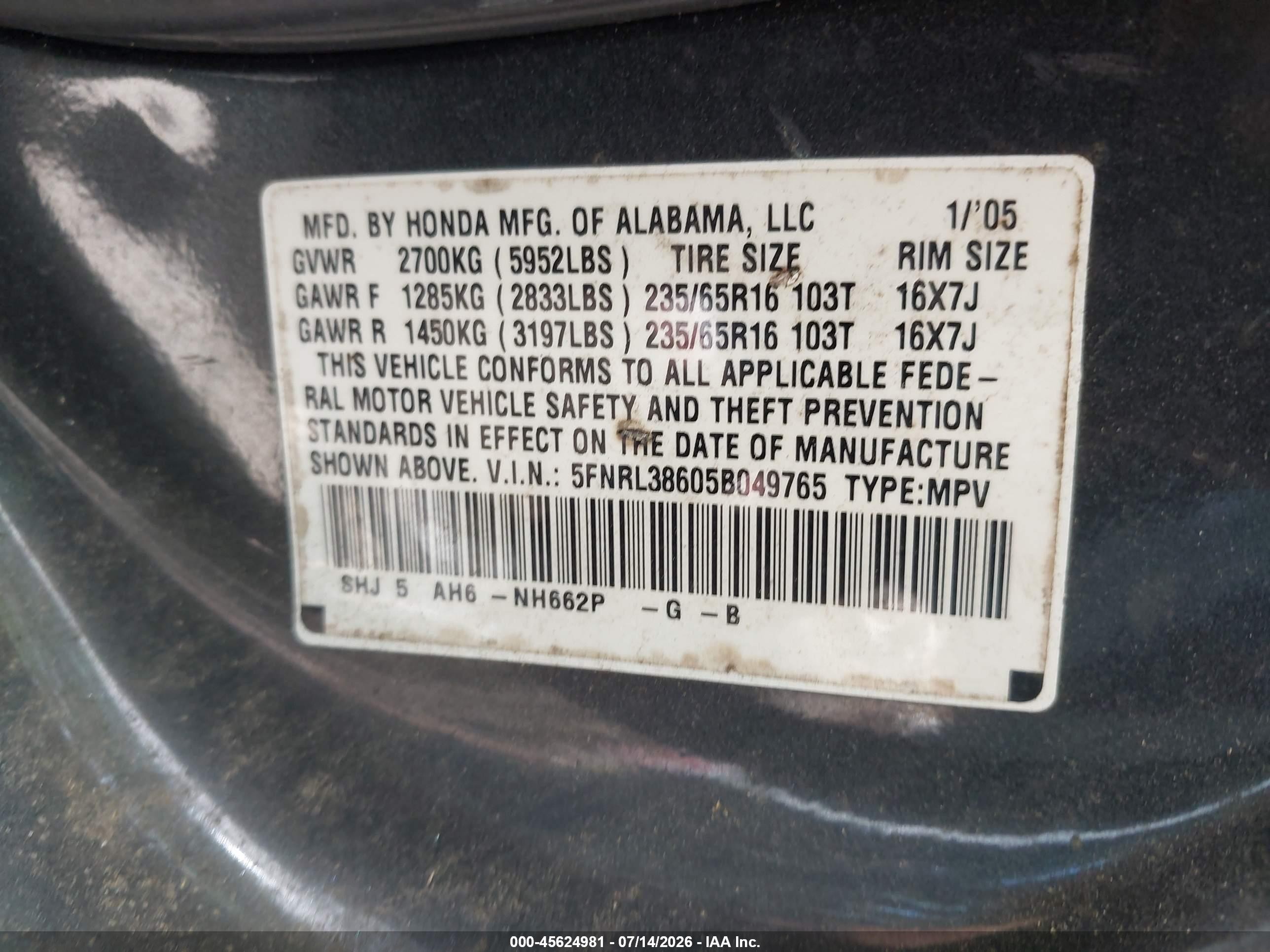 2005 Honda Odyssey Ex-l Blue vin: 5FNRL38605B049765