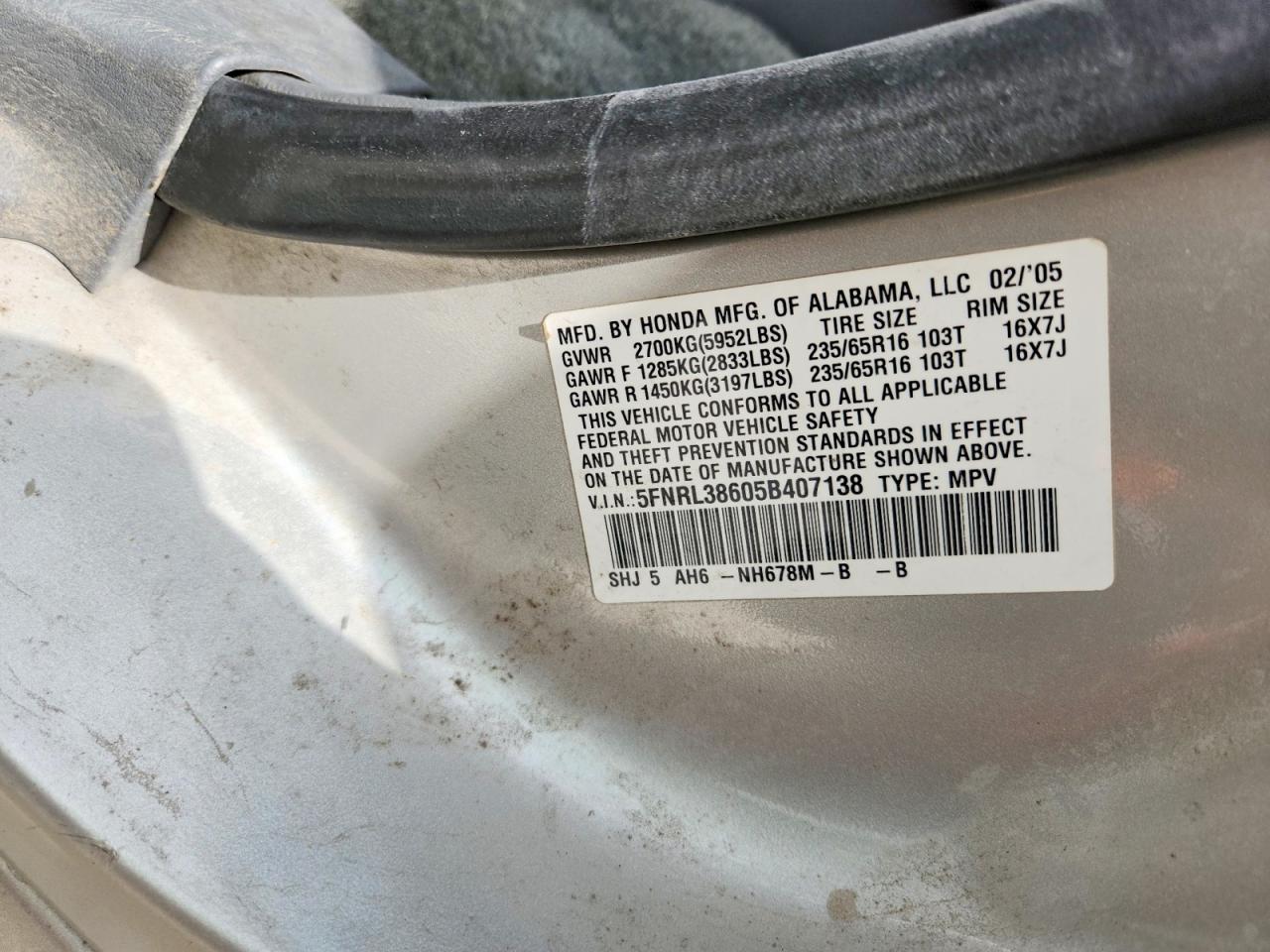 2005 Honda Odyssey Exl Gray vin: 5FNRL38605B407138