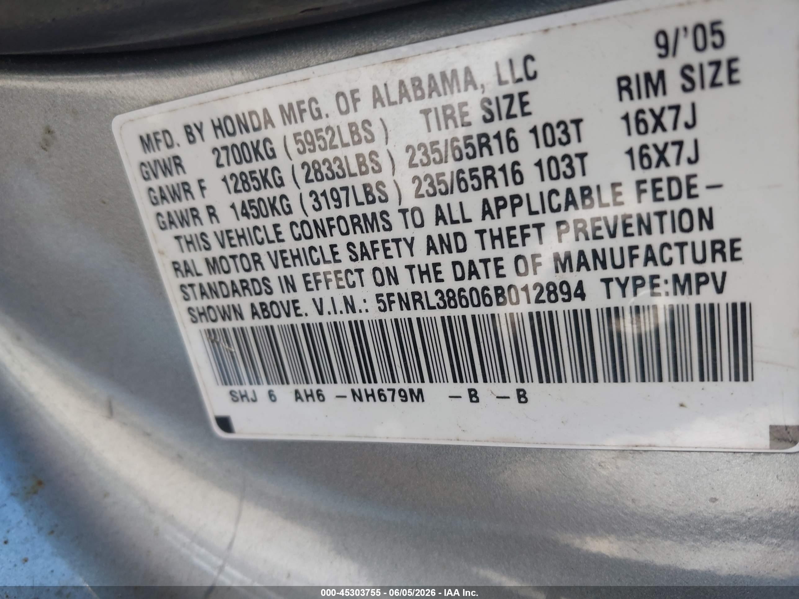 2006 Honda Odyssey Ex-l Silver vin: 5FNRL38606B012894