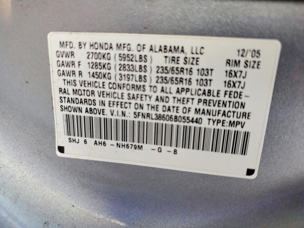 2006 Honda Odyssey Exl Gray vin: 5FNRL38606B055440
