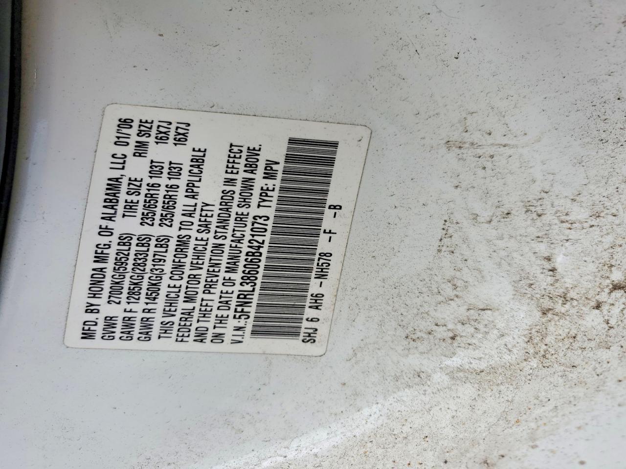2006 Honda Odyssey Exl White vin: 5FNRL38606B421073