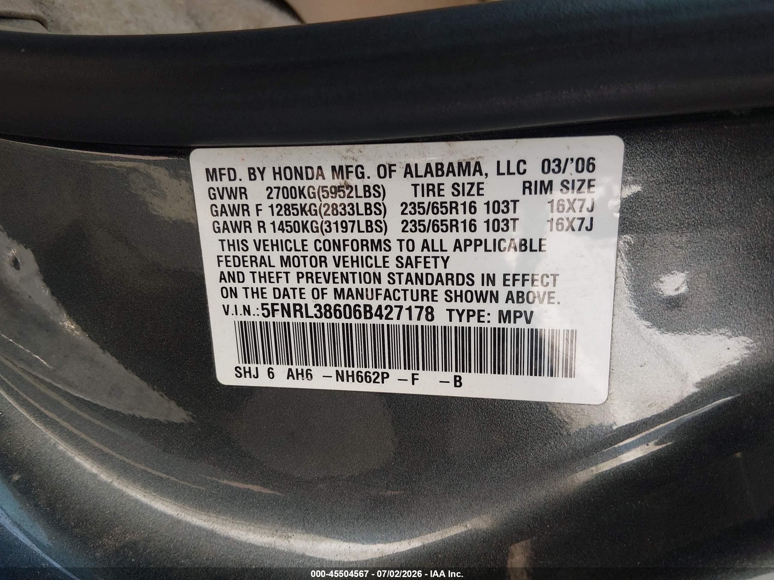 2006 Honda Odyssey Ex-l Gray vin: 5FNRL38606B427178