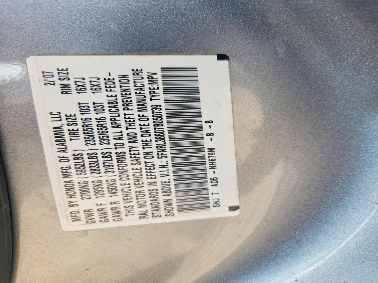 2007 Honda Odyssey Exl Gray vin: 5FNRL38607B050739