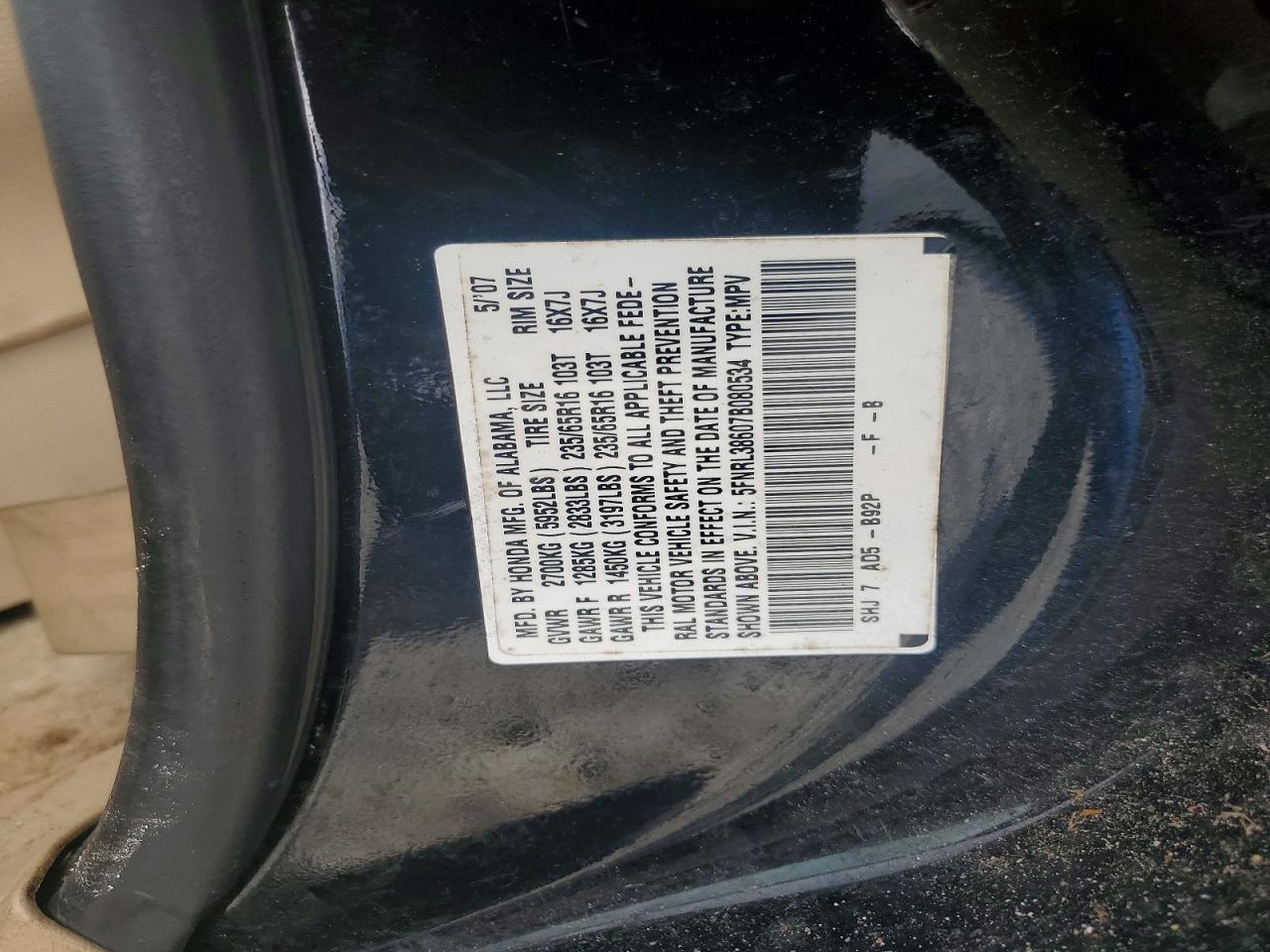 2007 Honda Odyssey Exl Black vin: 5FNRL38607B080534