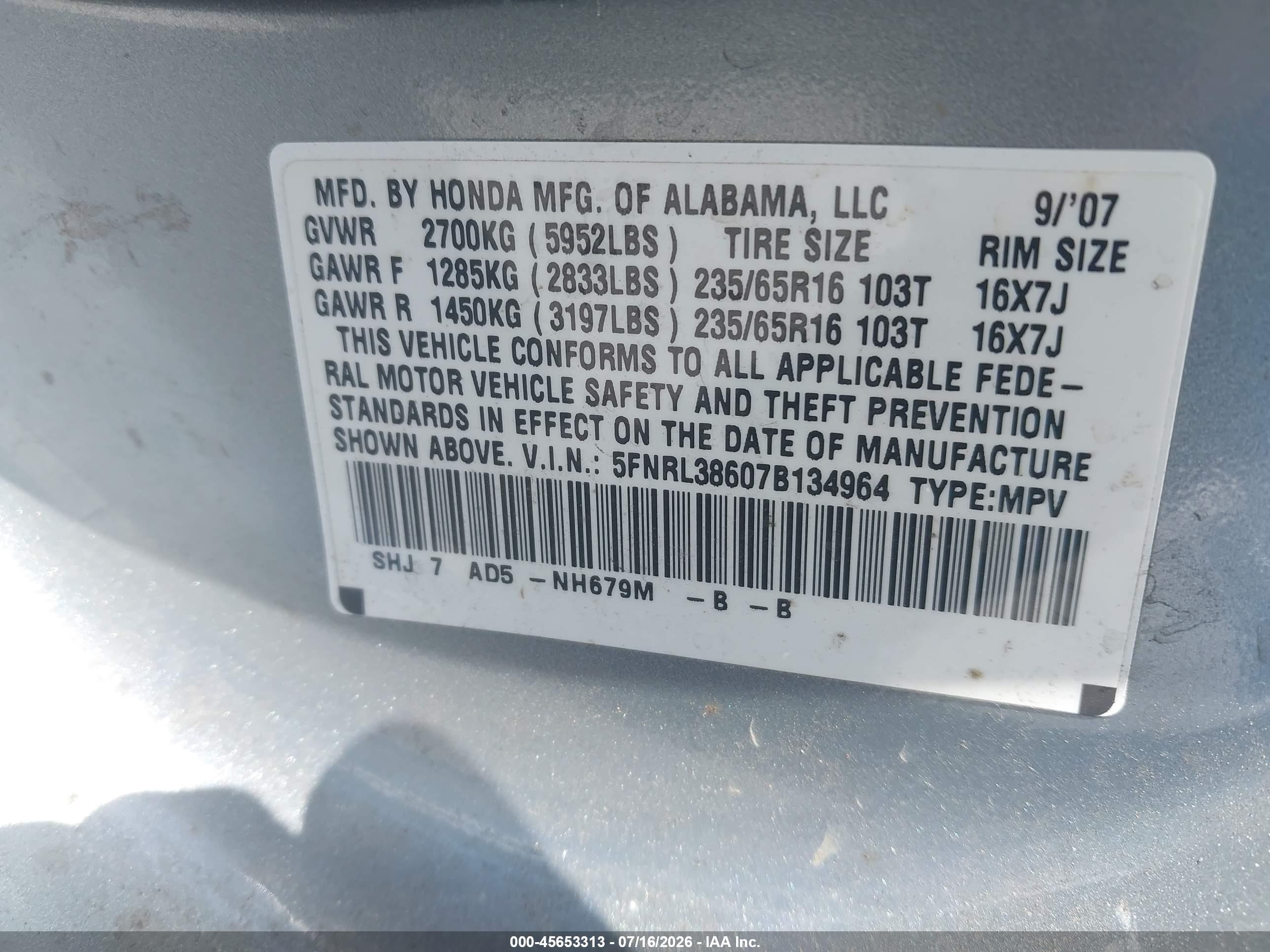 2007 Honda Odyssey Ex-l Blue vin: 5FNRL38607B134964