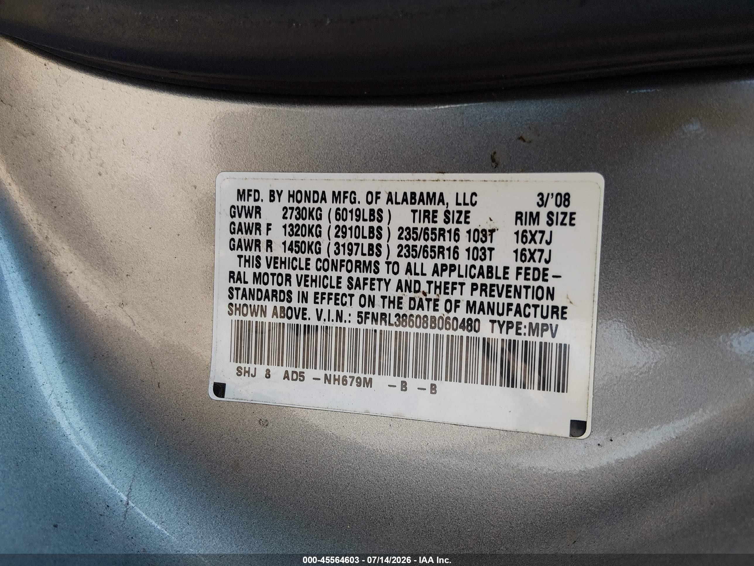 2008 Honda Odyssey Ex-l Silver vin: 5FNRL38608B060480