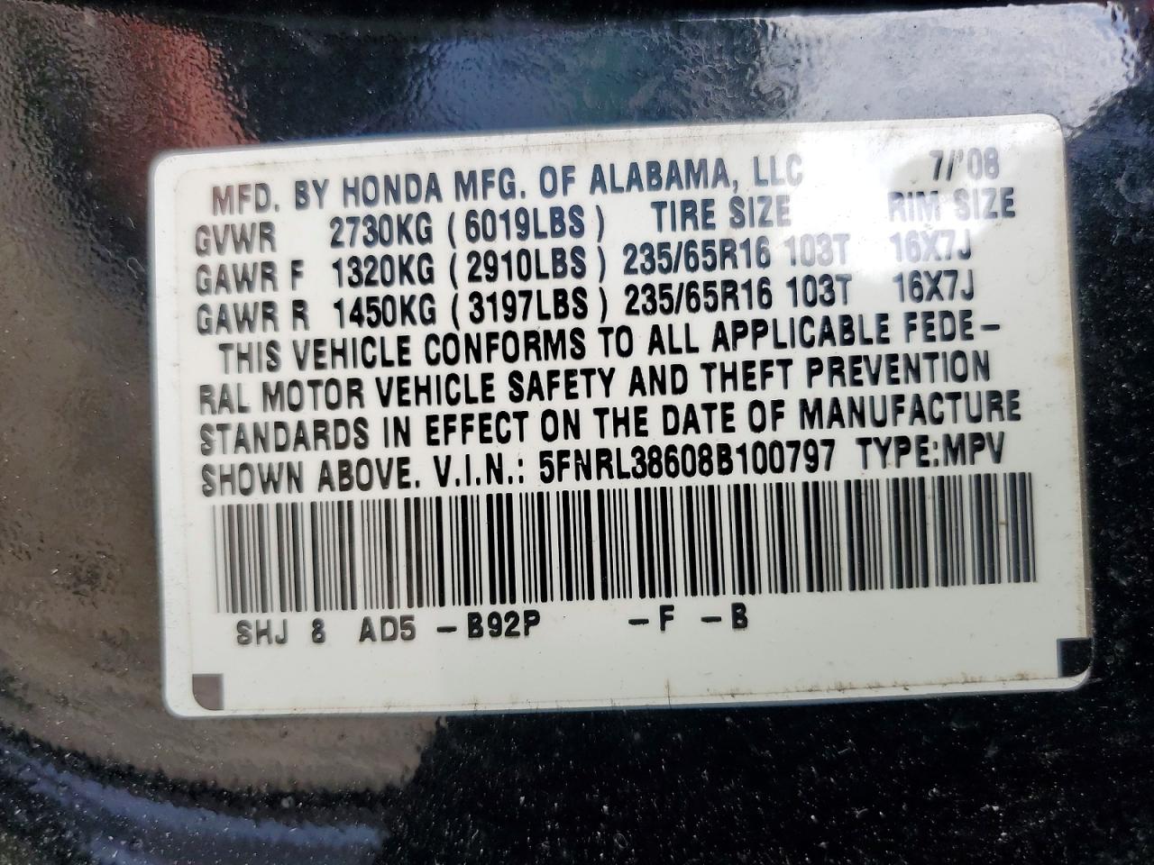 2008 Honda Odyssey Exl Black vin: 5FNRL38608B100797