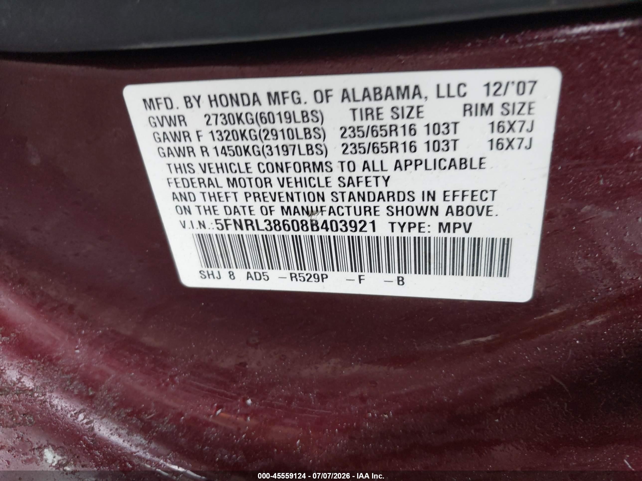 2008 Honda Odyssey Ex-l Темно-бордовый vin: 5FNRL38608B403921