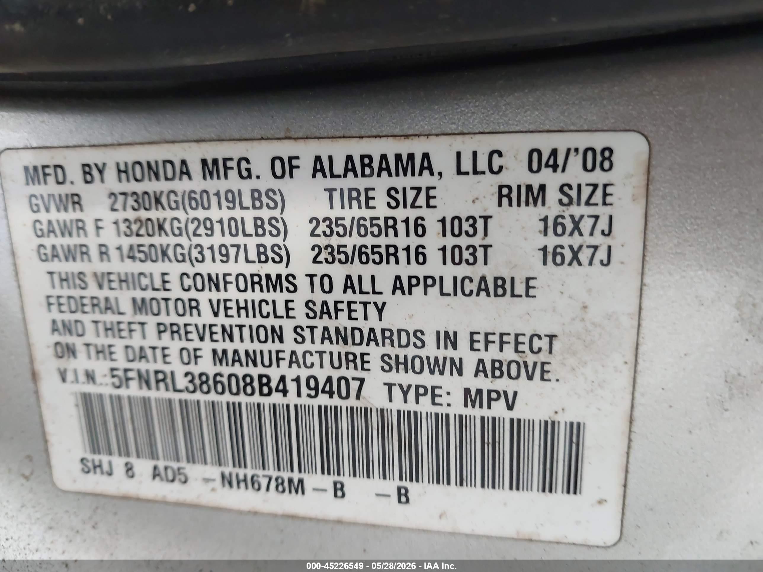 2008 Honda Odyssey Ex-l Beige vin: 5FNRL38608B419407